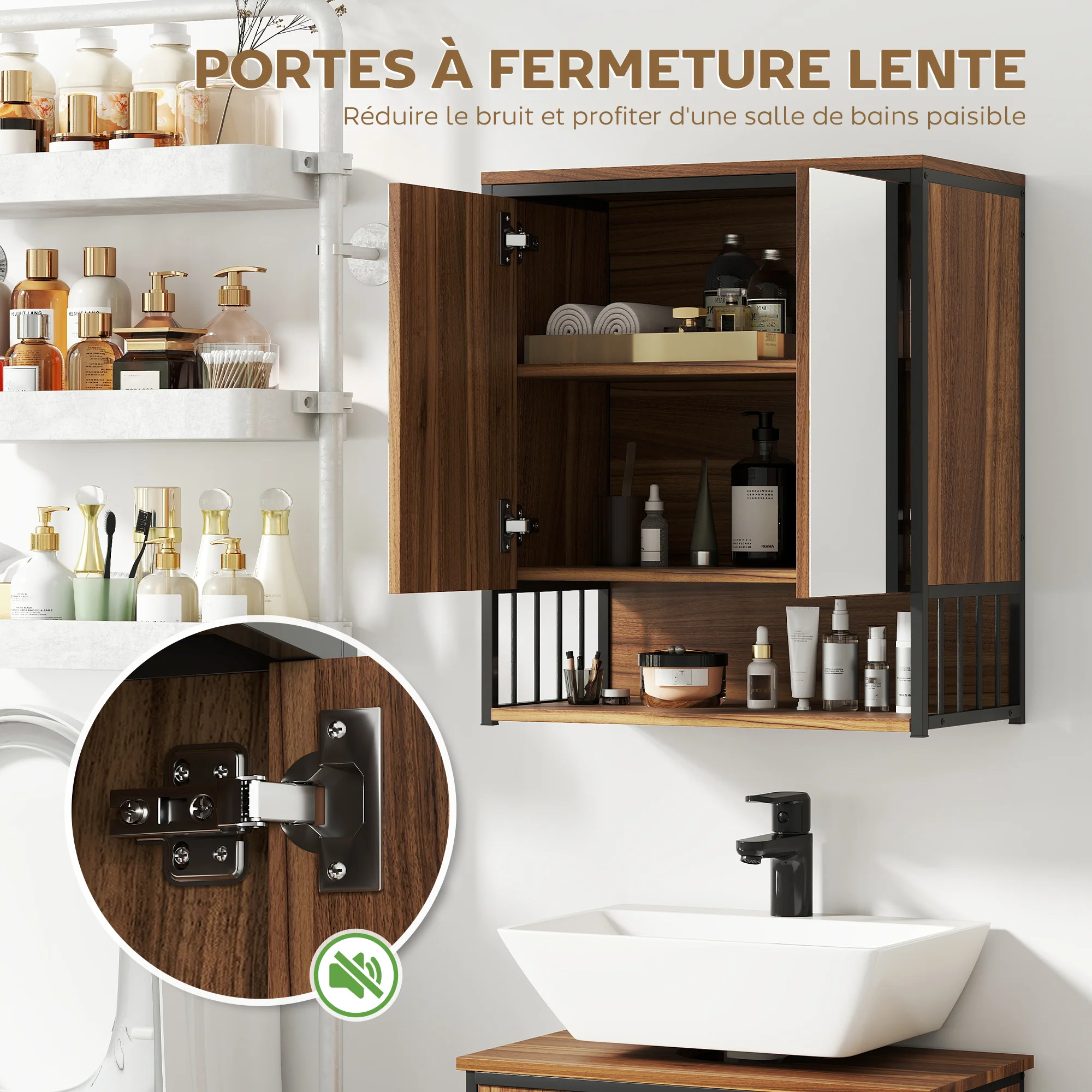 Armoire murale salle de bain avec miroir, 56 x 65 cm, meuble salle de bain, armoire de toilette avec compartiment ouvert, porte à fermeture amortie, marron - Image 5