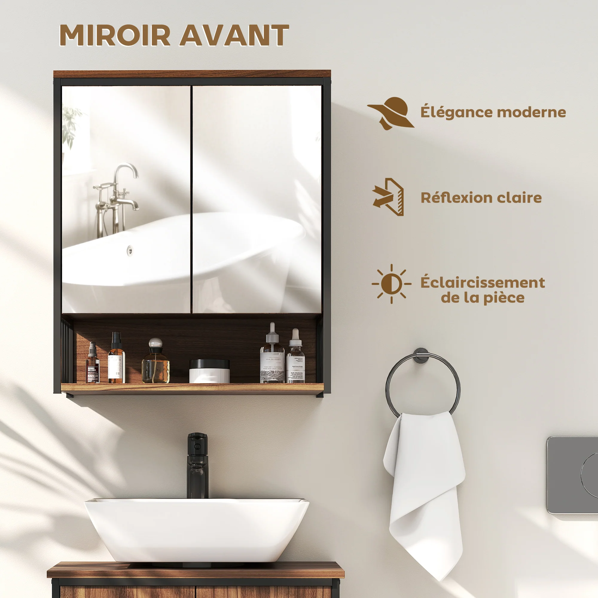Armoire murale salle de bain avec miroir, 56 x 65 cm, meuble salle de bain, armoire de toilette avec compartiment ouvert, porte à fermeture amortie, marron - Image 6