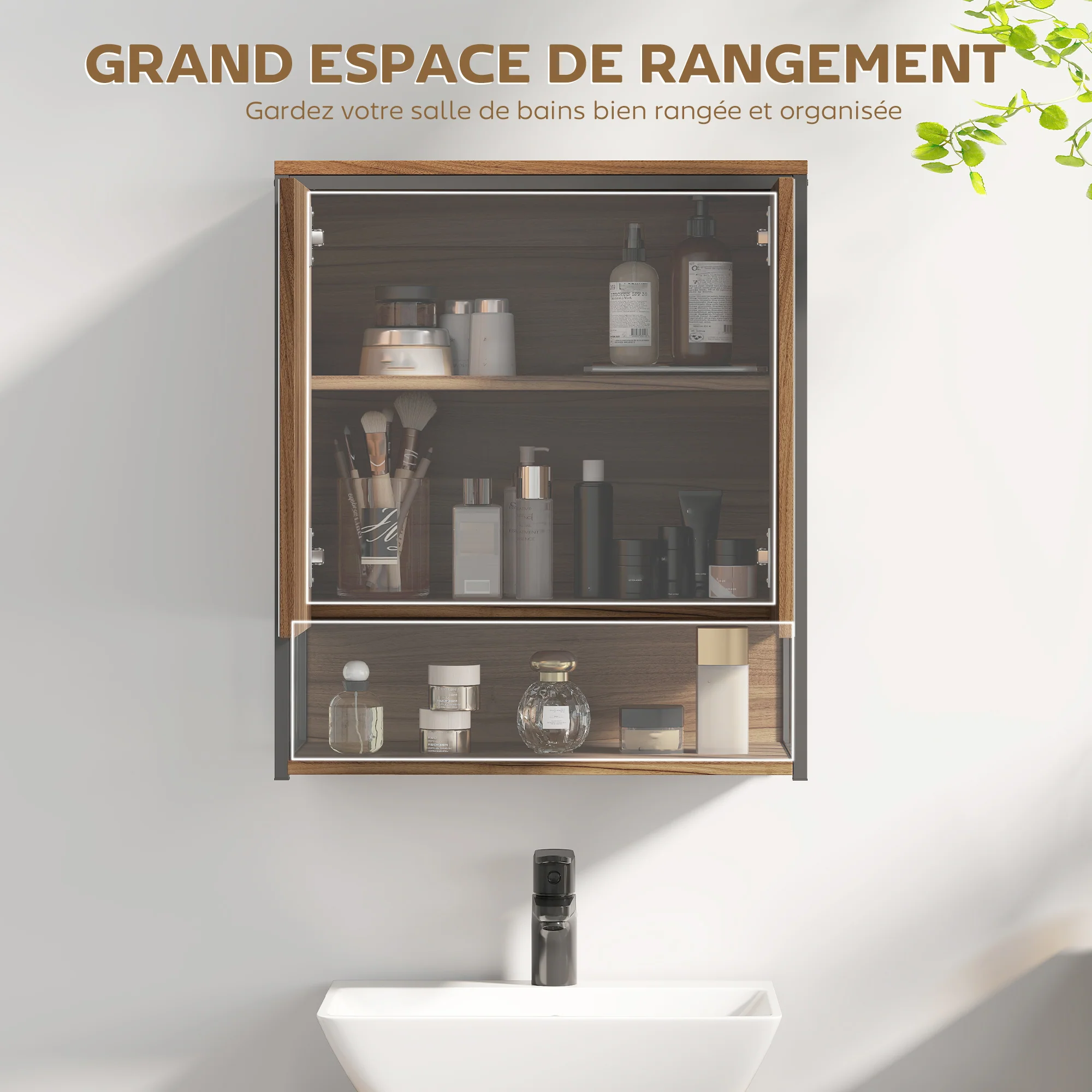 Armoire murale salle de bain avec miroir, 56 x 65 cm, meuble salle de bain, armoire de toilette avec compartiment ouvert, porte à fermeture amortie, marron - Image 7