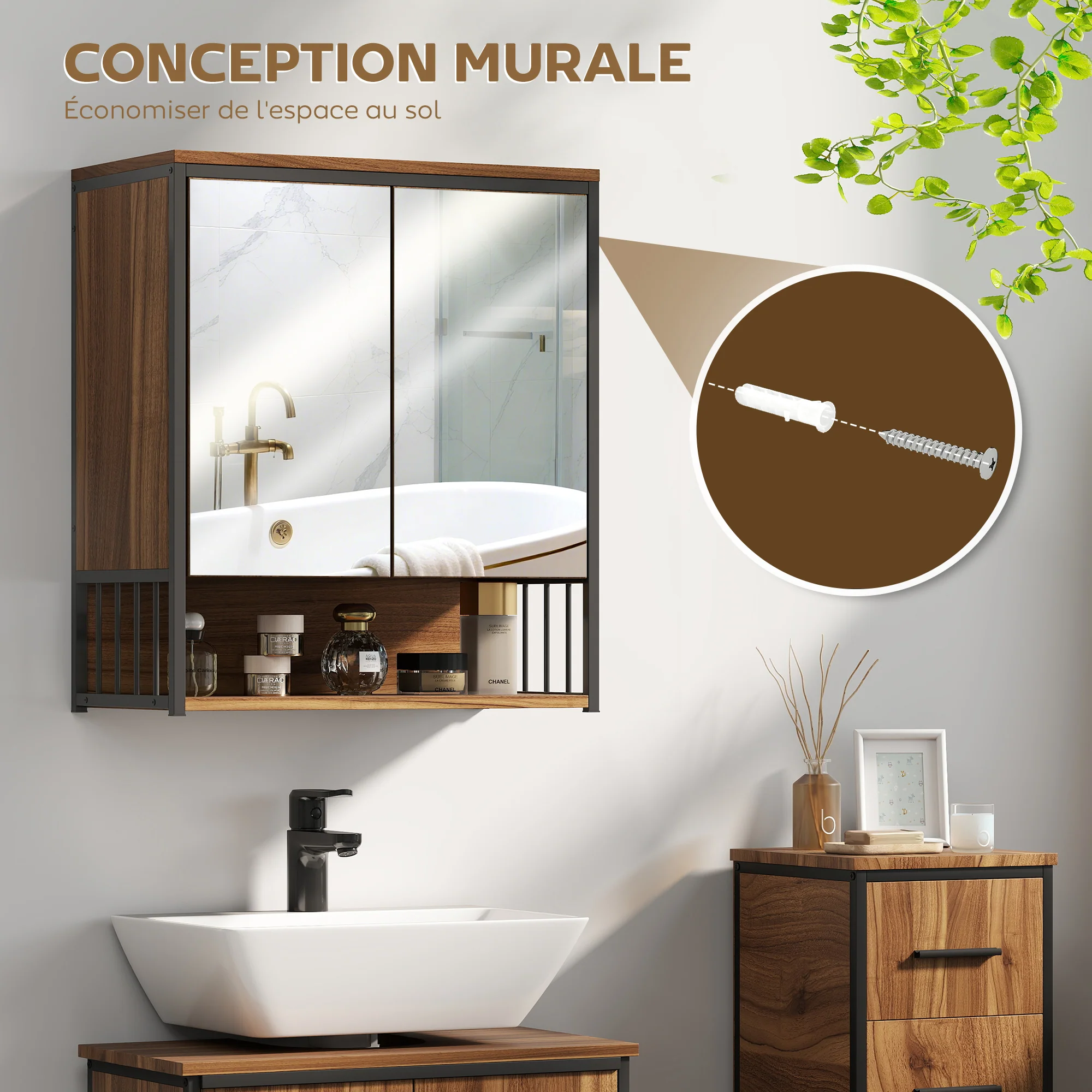 Armoire murale salle de bain avec miroir, 56 x 65 cm, meuble salle de bain, armoire de toilette avec compartiment ouvert, porte à fermeture amortie, marron - Image 8
