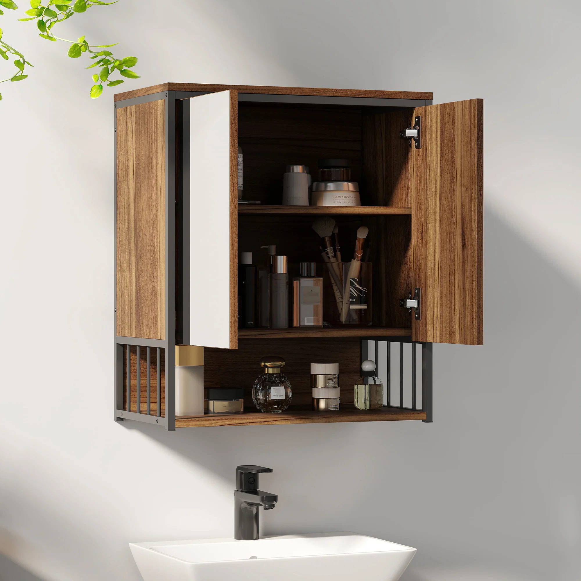 Armoire murale salle de bain avec miroir, 56 x 65 cm, meuble salle de bain, armoire de toilette avec compartiment ouvert, porte à fermeture amortie, marron - Image 9