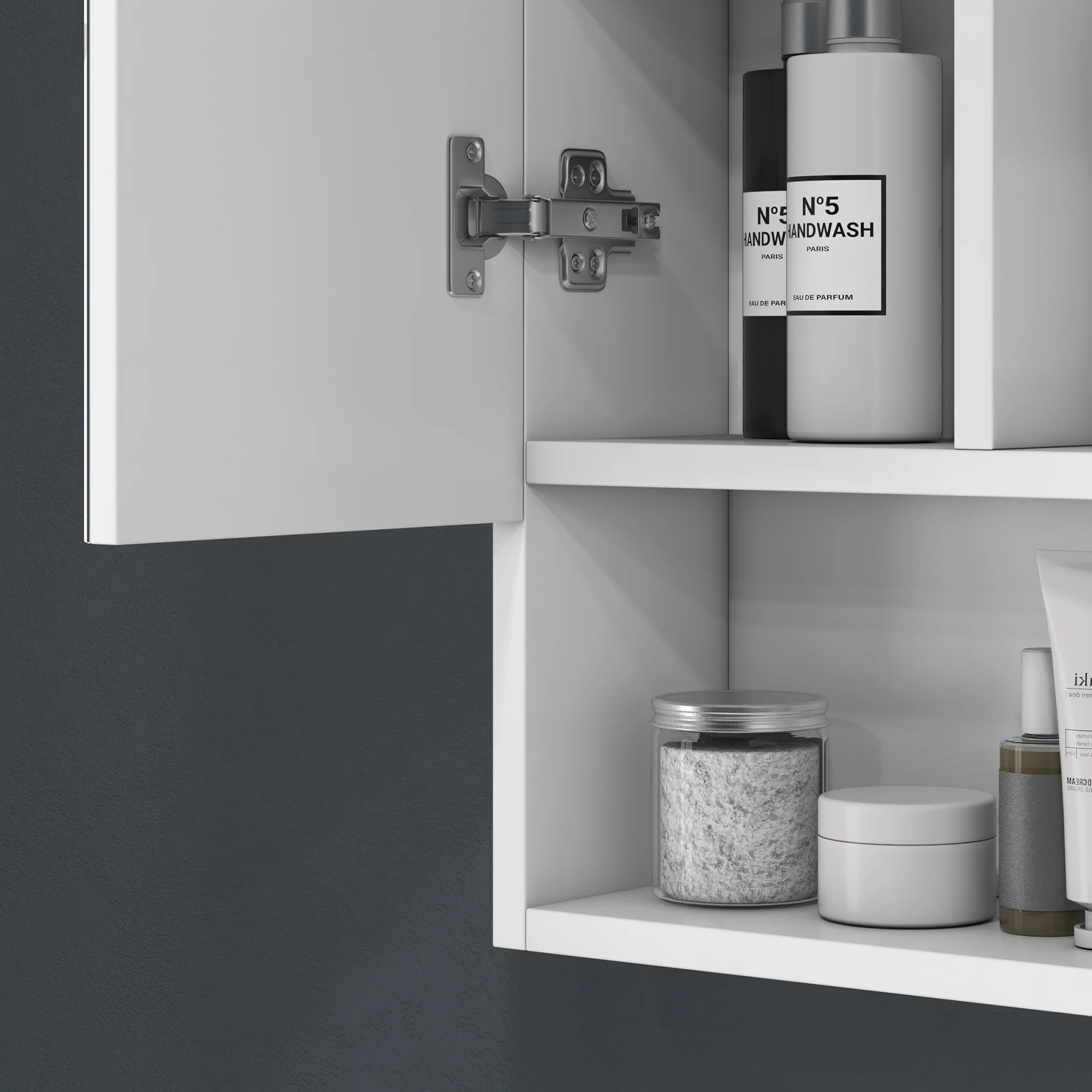 Armoire murale salle de bain avec miroir, 90 x 15 x 75 cm, meuble salle de bain, armoire de toilette avec 3 portes miroir, compartiment ouvert et étagères réglables, blanc - Image 10