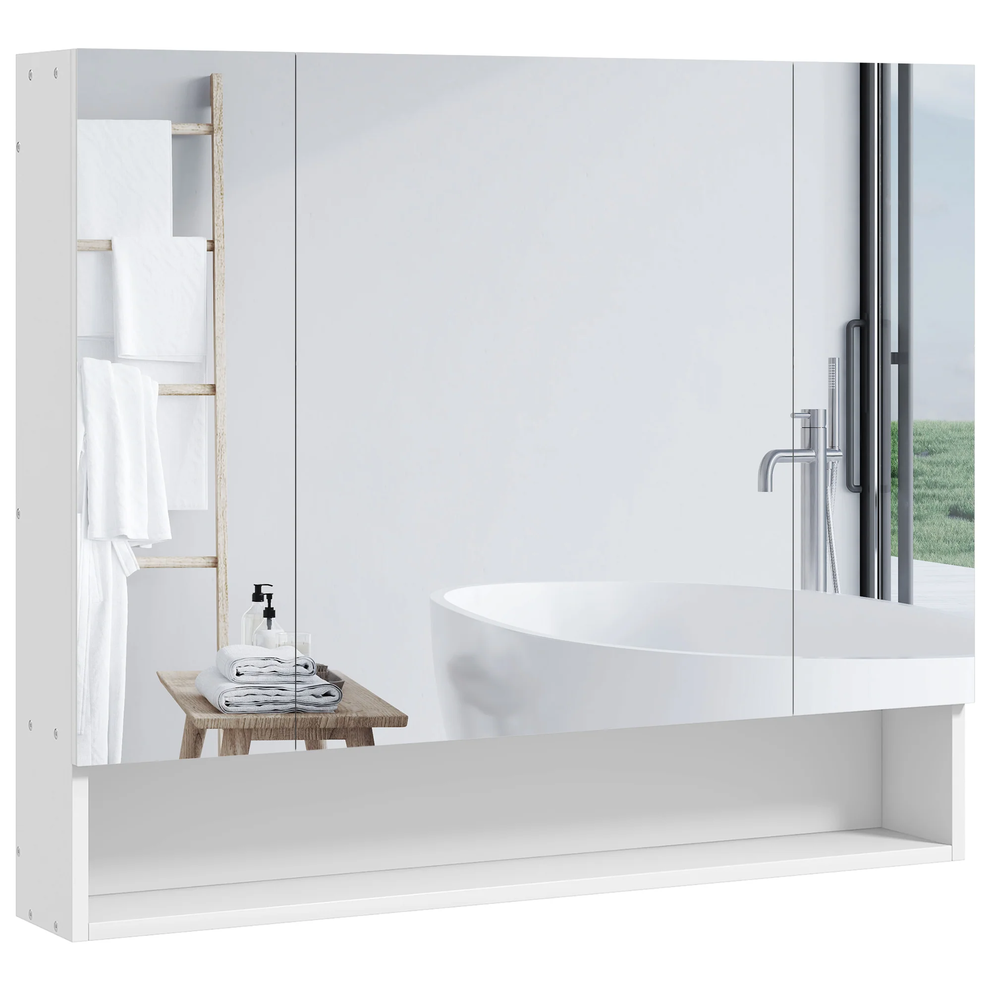 Armoire murale salle de bain avec miroir, 90 x 15 x 75 cm, meuble salle de bain, armoire de toilette avec 3 portes miroir, compartiment ouvert et étagères réglables, blanc - Image 11