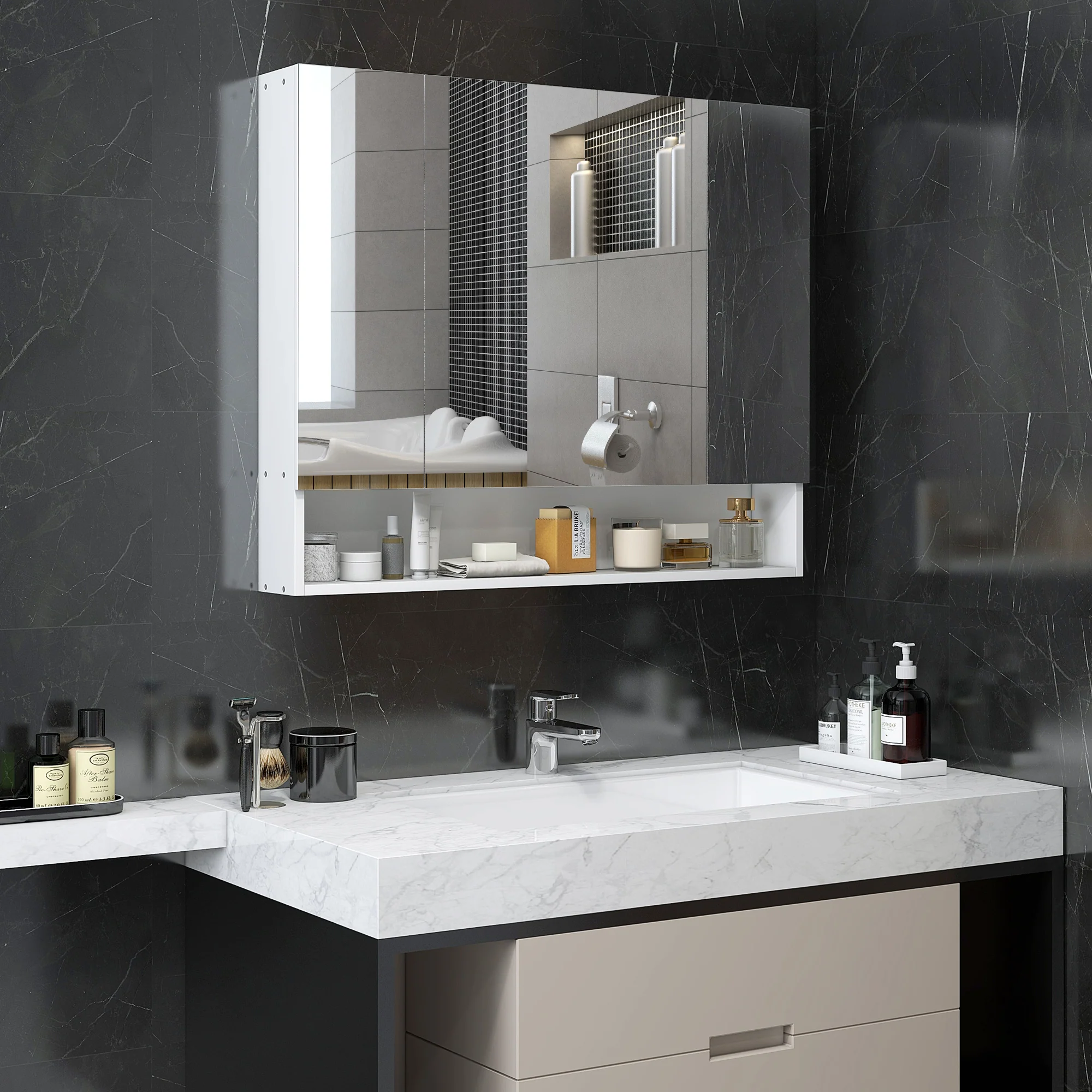 Armoire murale salle de bain avec miroir, 90 x 15 x 75 cm, meuble salle de bain, armoire de toilette avec 3 portes miroir, compartiment ouvert et étagères réglables, blanc - Image 3