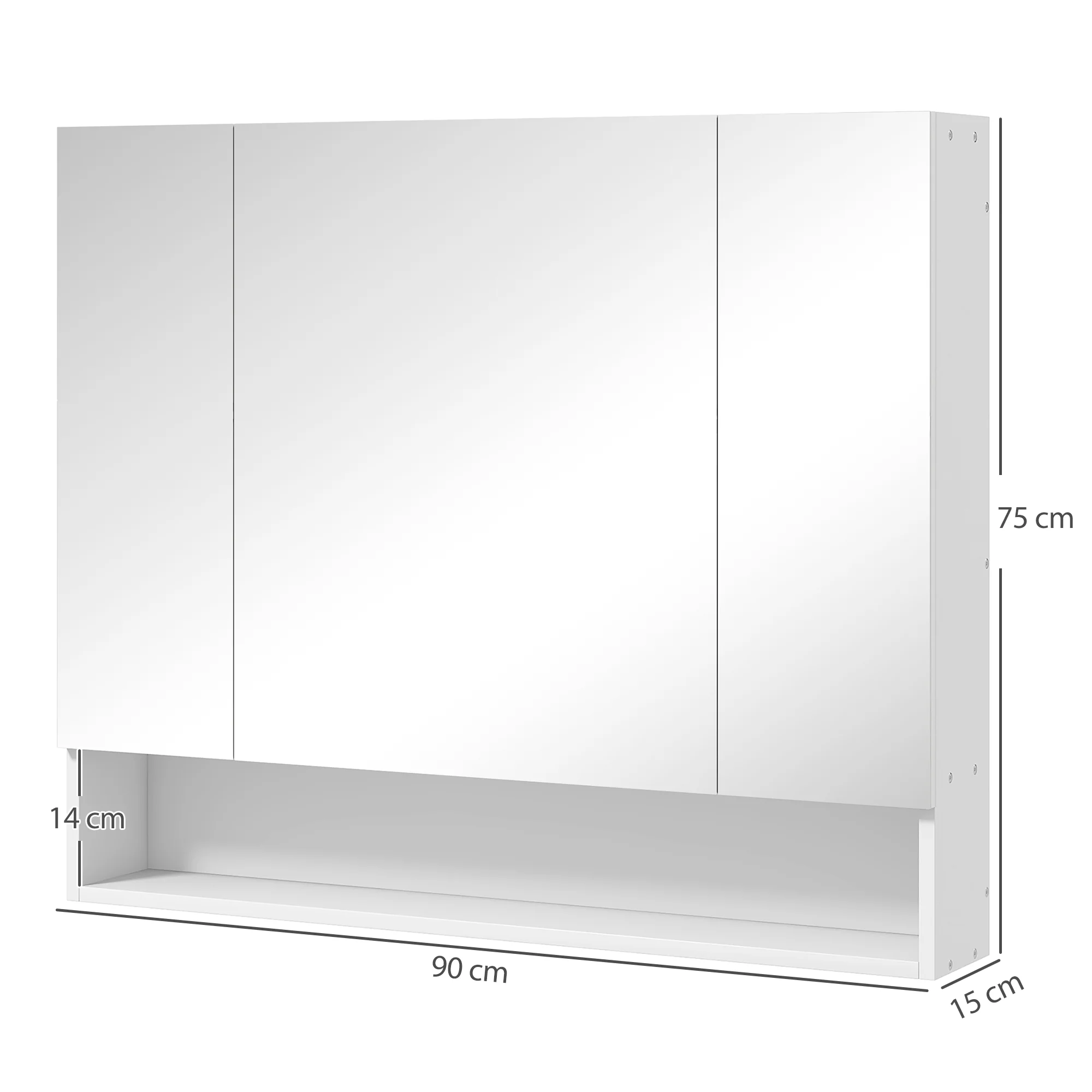 Armoire murale salle de bain avec miroir, 90 x 15 x 75 cm, meuble salle de bain, armoire de toilette avec 3 portes miroir, compartiment ouvert et étagères réglables, blanc - Image 4