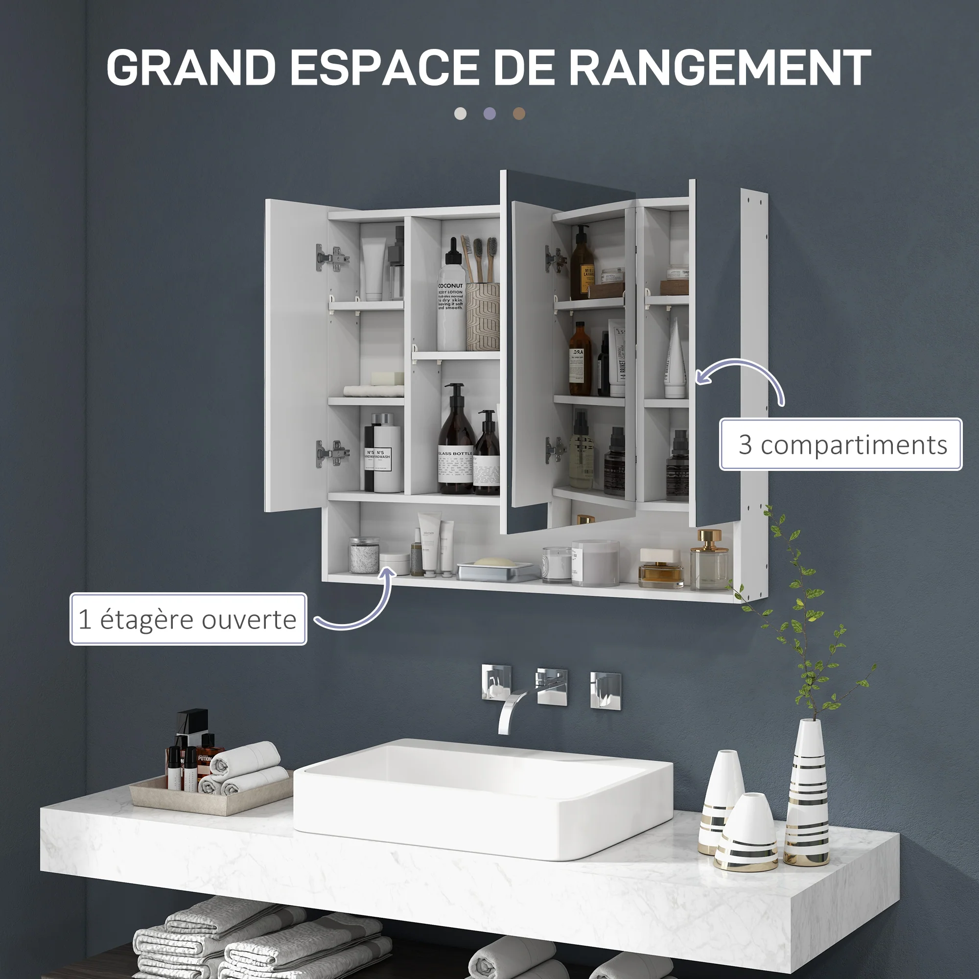 Armoire murale salle de bain avec miroir, 90 x 15 x 75 cm, meuble salle de bain, armoire de toilette avec 3 portes miroir, compartiment ouvert et étagères réglables, blanc - Image 5