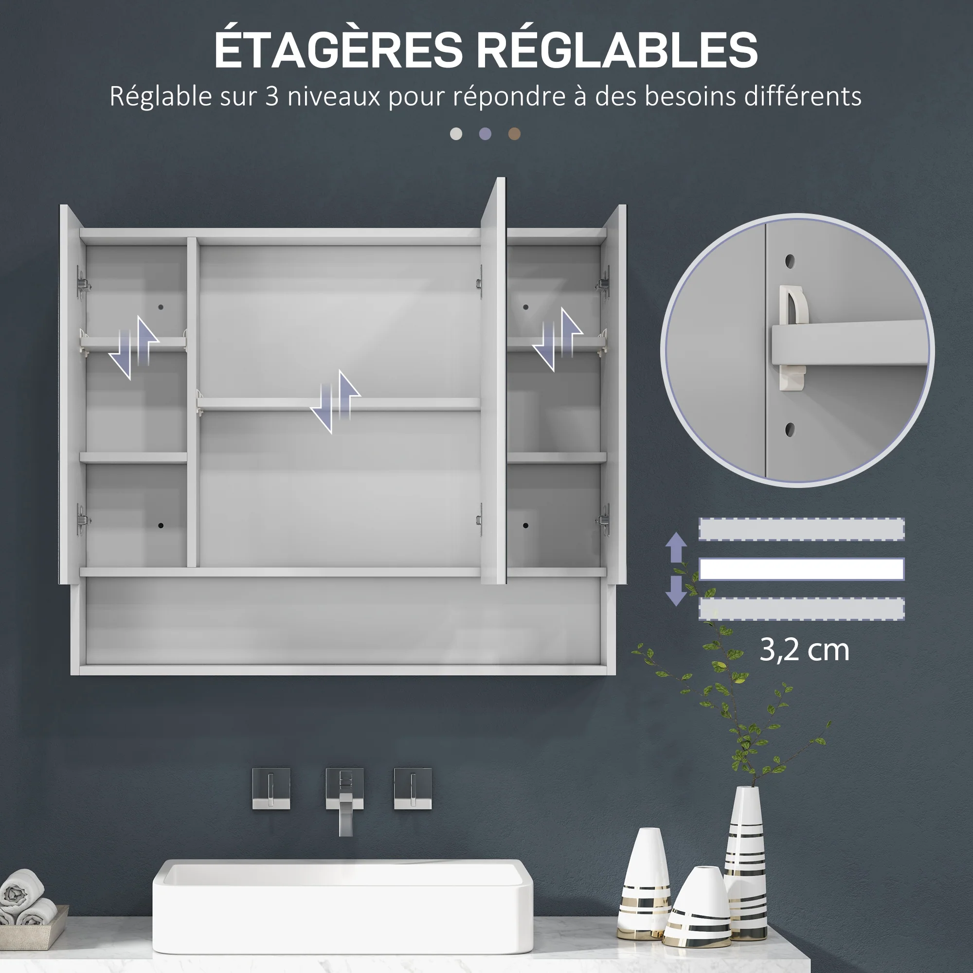 Armoire murale salle de bain avec miroir, 90 x 15 x 75 cm, meuble salle de bain, armoire de toilette avec 3 portes miroir, compartiment ouvert et étagères réglables, blanc - Image 7
