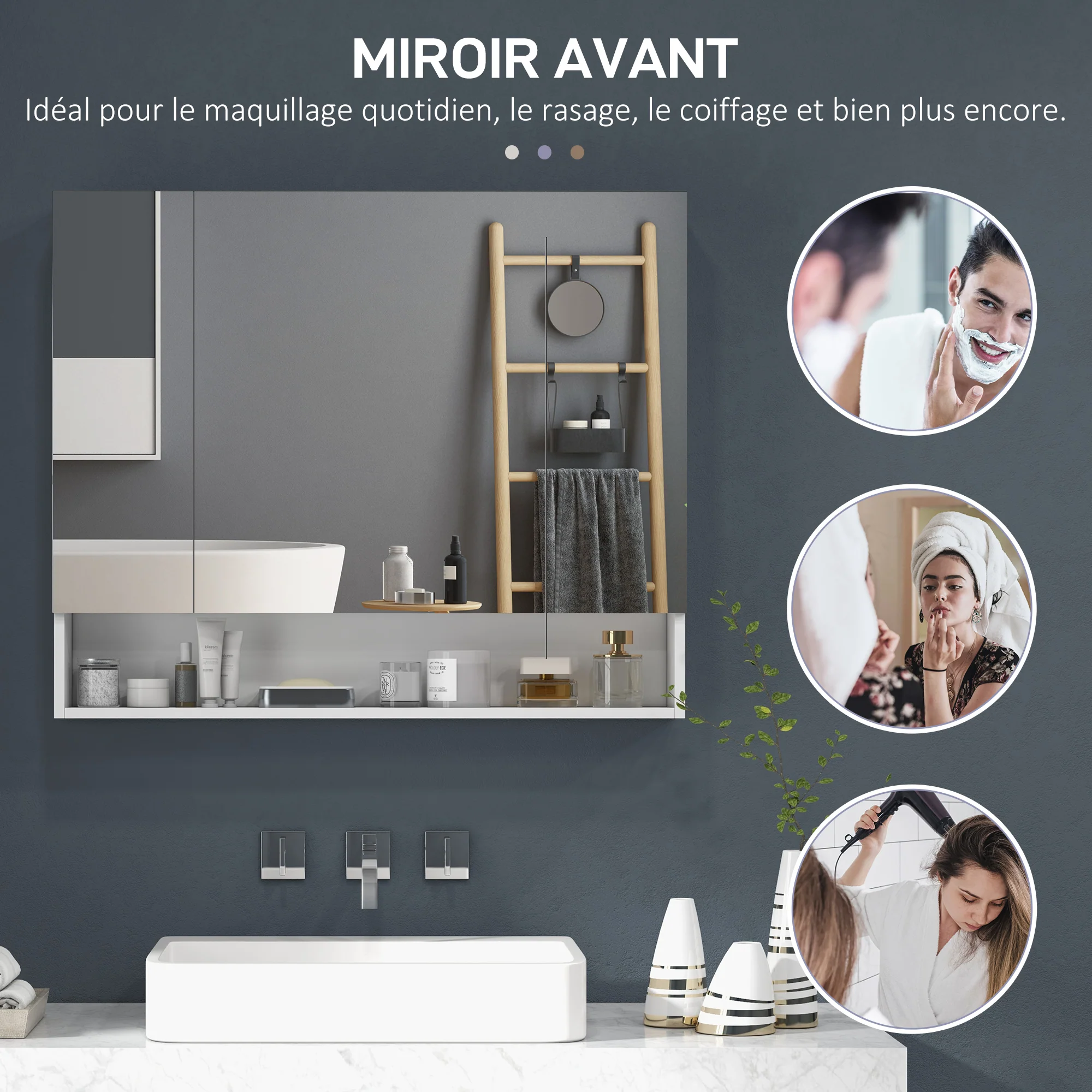 Armoire murale salle de bain avec miroir, 90 x 15 x 75 cm, meuble salle de bain, armoire de toilette avec 3 portes miroir, compartiment ouvert et étagères réglables, blanc - Image 8