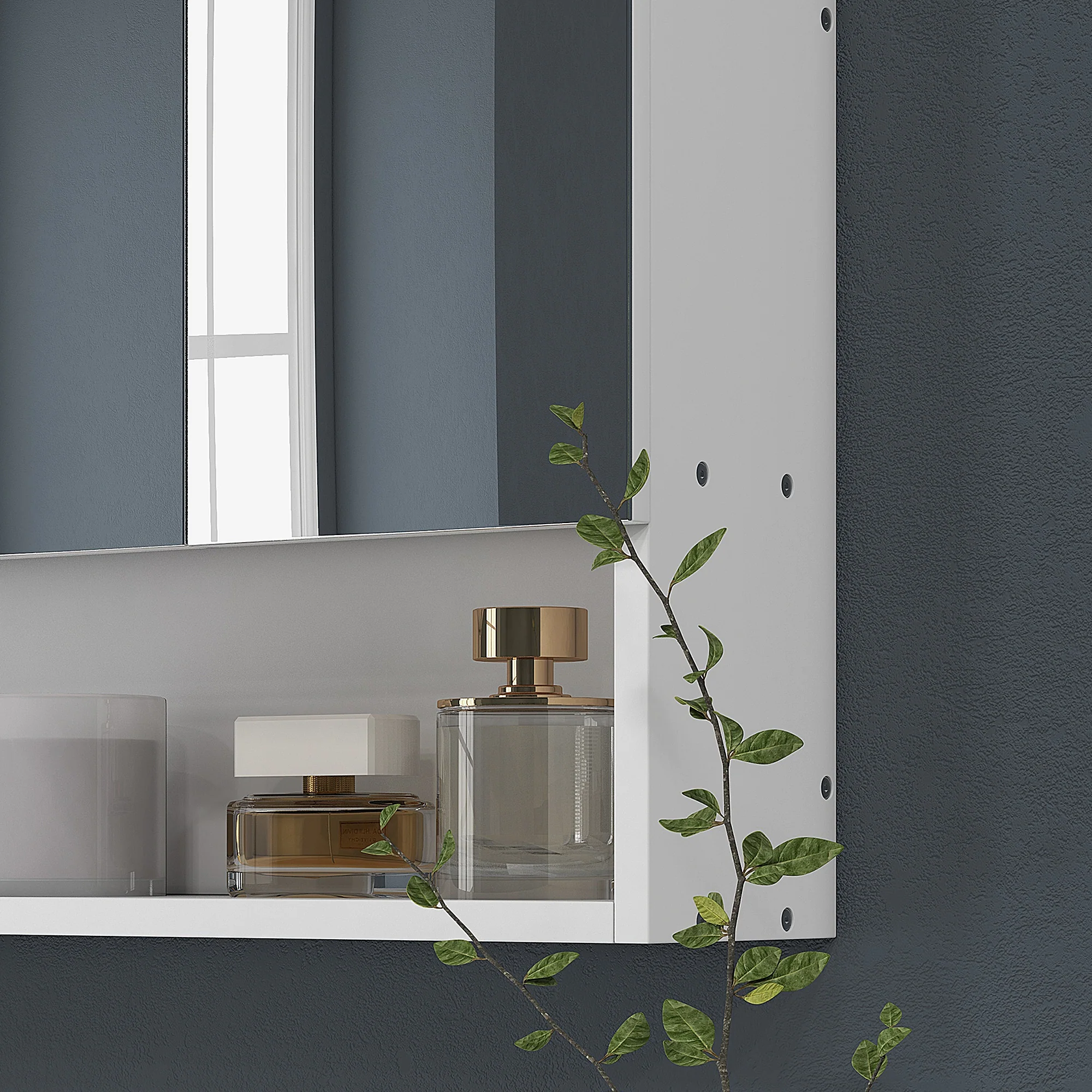 Armoire murale salle de bain avec miroir, 90 x 15 x 75 cm, meuble salle de bain, armoire de toilette avec 3 portes miroir, compartiment ouvert et étagères réglables, blanc - Image 9