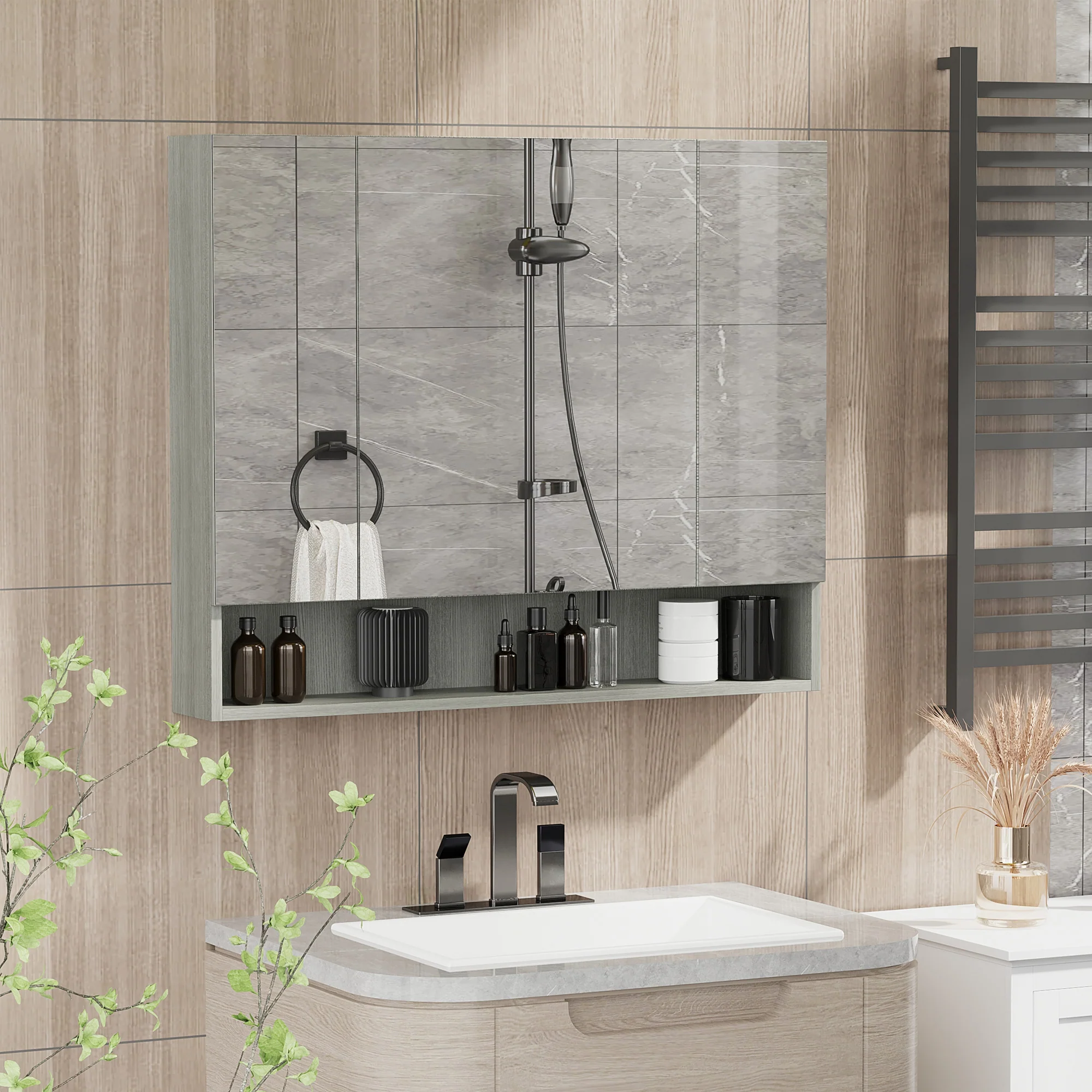 Armoire murale salle de bain avec miroir, 90 x 15 x 75 cm, meuble salle de bain, armoire de toilette avec 3 portes miroir, compartiment ouvert et étagères réglables, gris - Image 3