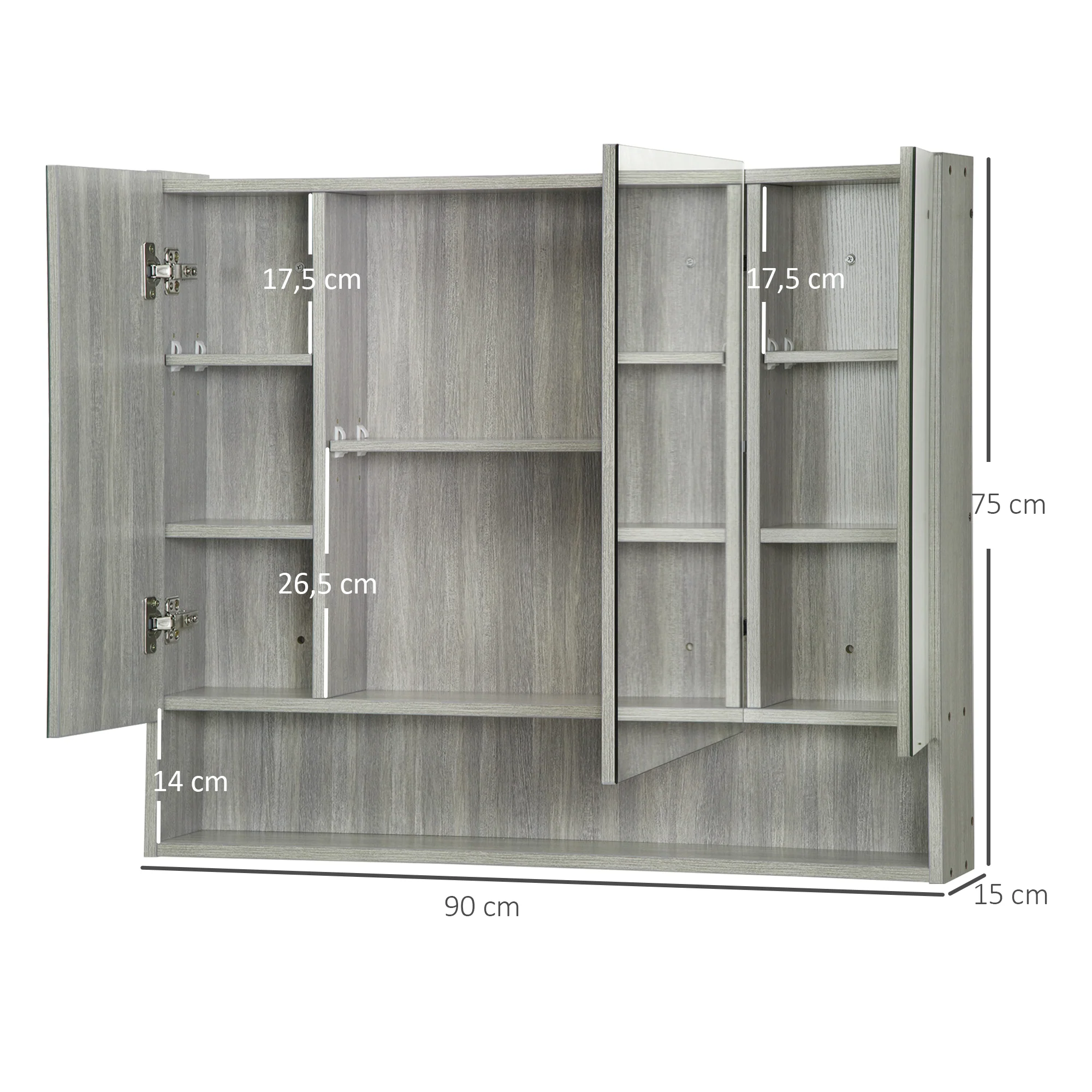 Armoire murale salle de bain avec miroir, 90 x 15 x 75 cm, meuble salle de bain, armoire de toilette avec 3 portes miroir, compartiment ouvert et étagères réglables, gris - Image 4