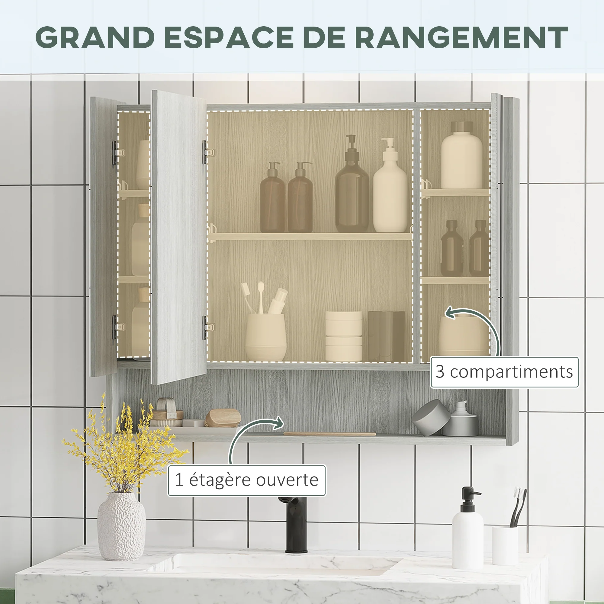 Armoire murale salle de bain avec miroir, 90 x 15 x 75 cm, meuble salle de bain, armoire de toilette avec 3 portes miroir, compartiment ouvert et étagères réglables, gris - Image 5