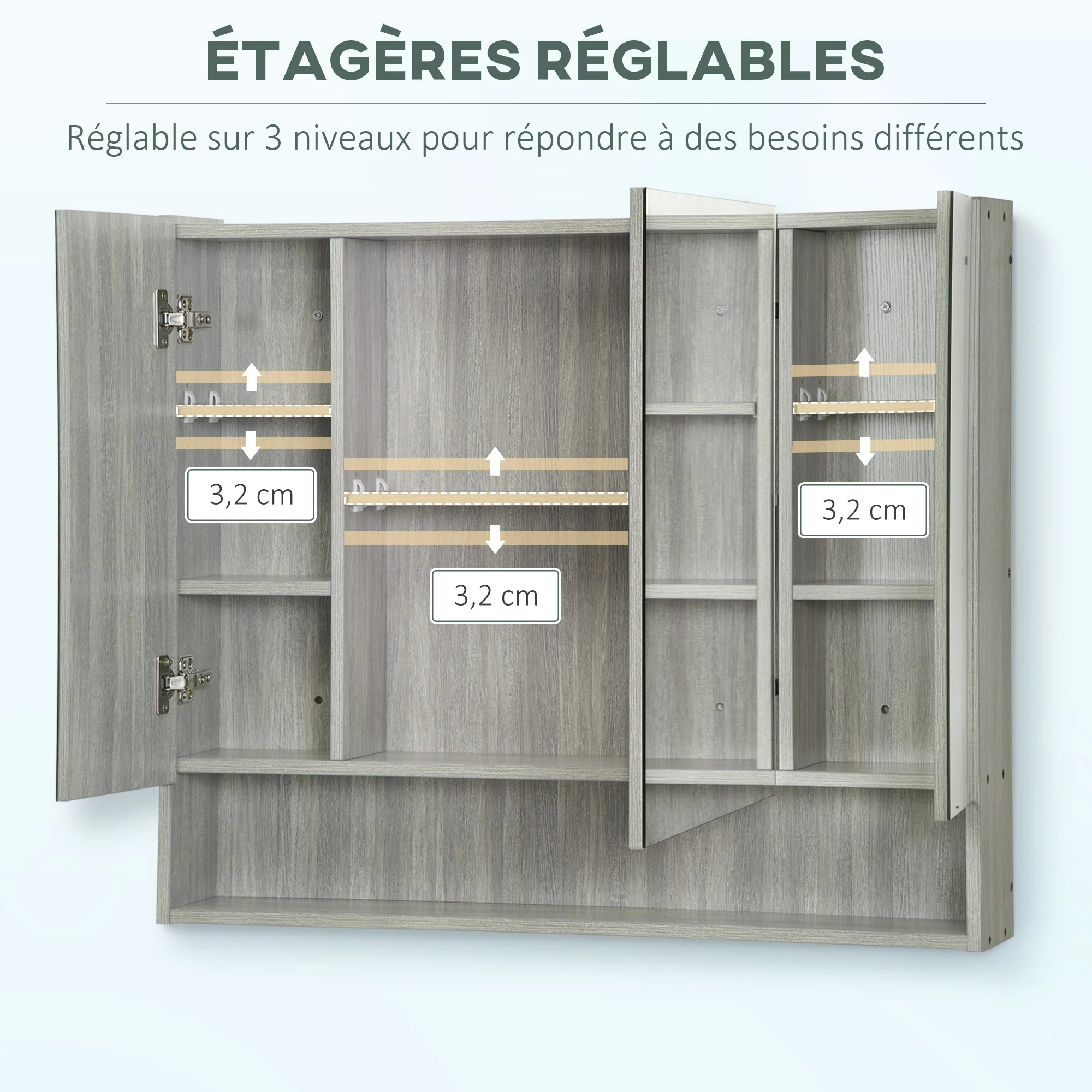Armoire murale salle de bain avec miroir, 90 x 15 x 75 cm, meuble salle de bain, armoire de toilette avec 3 portes miroir, compartiment ouvert et étagères réglables, gris - Image 7