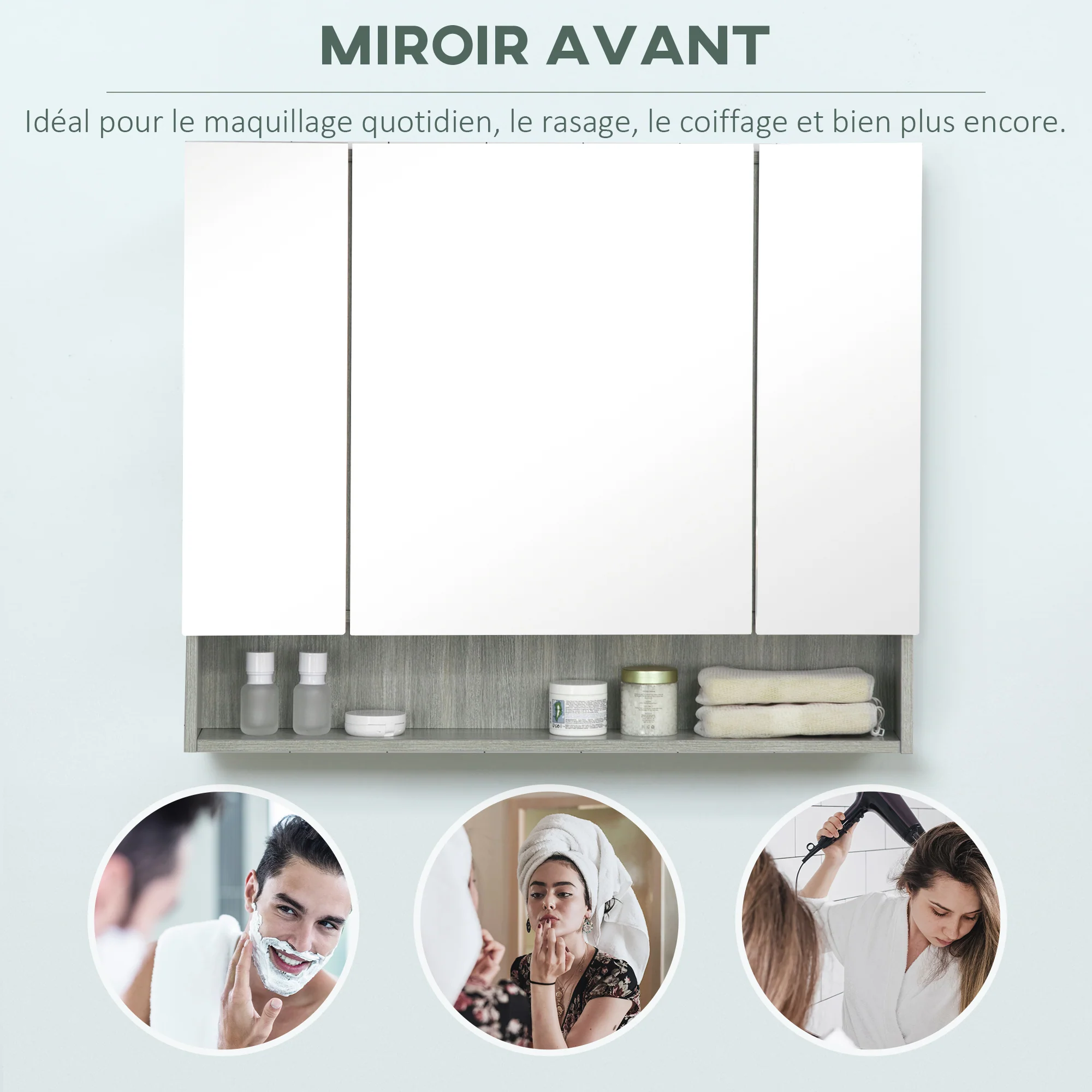 Armoire murale salle de bain avec miroir, 90 x 15 x 75 cm, meuble salle de bain, armoire de toilette avec 3 portes miroir, compartiment ouvert et étagères réglables, gris - Image 8
