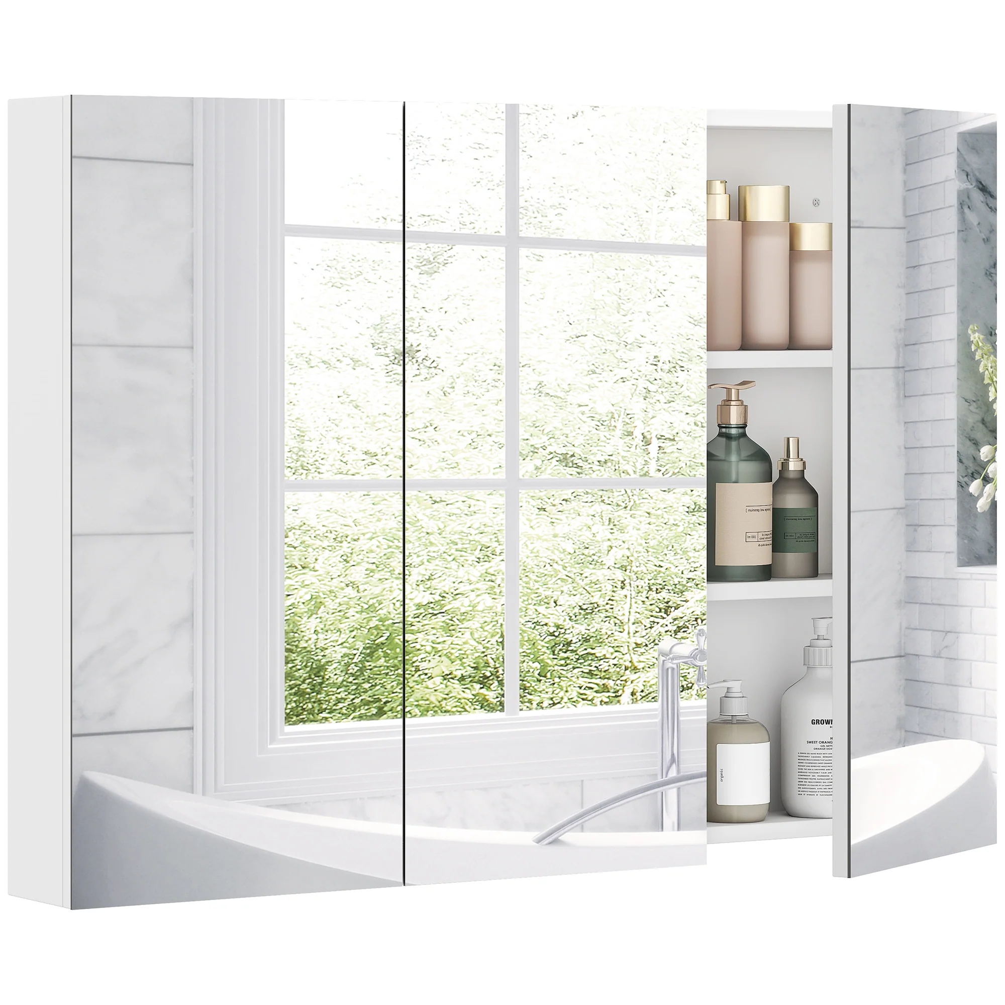 Armoire murale salle de bain avec miroir, 91,5 x 11,5 x 65 cm, meuble salle de bain, armoire de toilette avec 3 portes miroir et 4 étagères réglables, blanc - Image 11