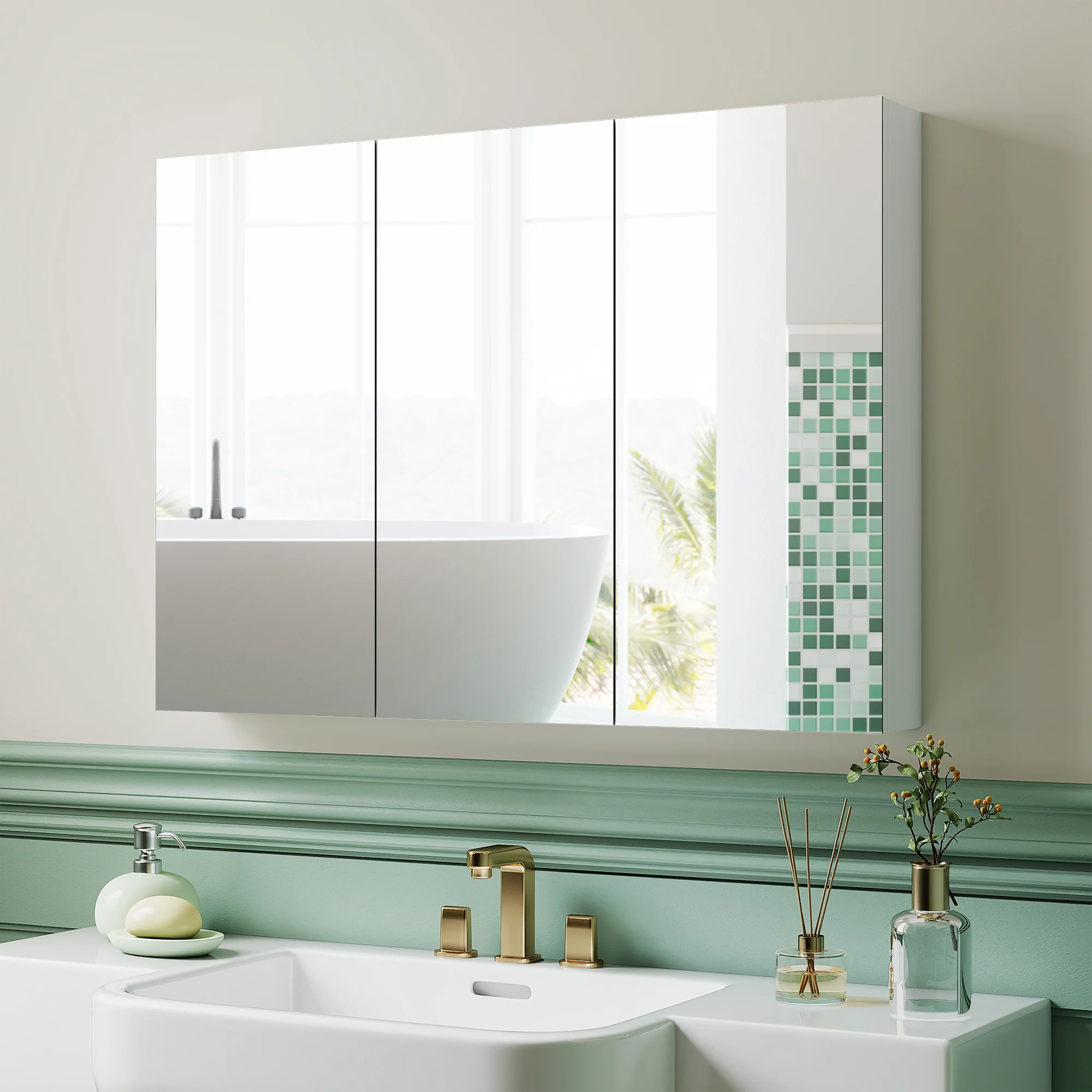 Armoire murale salle de bain avec miroir, 91,5 x 11,5 x 65 cm, meuble salle de bain, armoire de toilette avec 3 portes miroir et 4 étagères réglables, blanc - Image 3