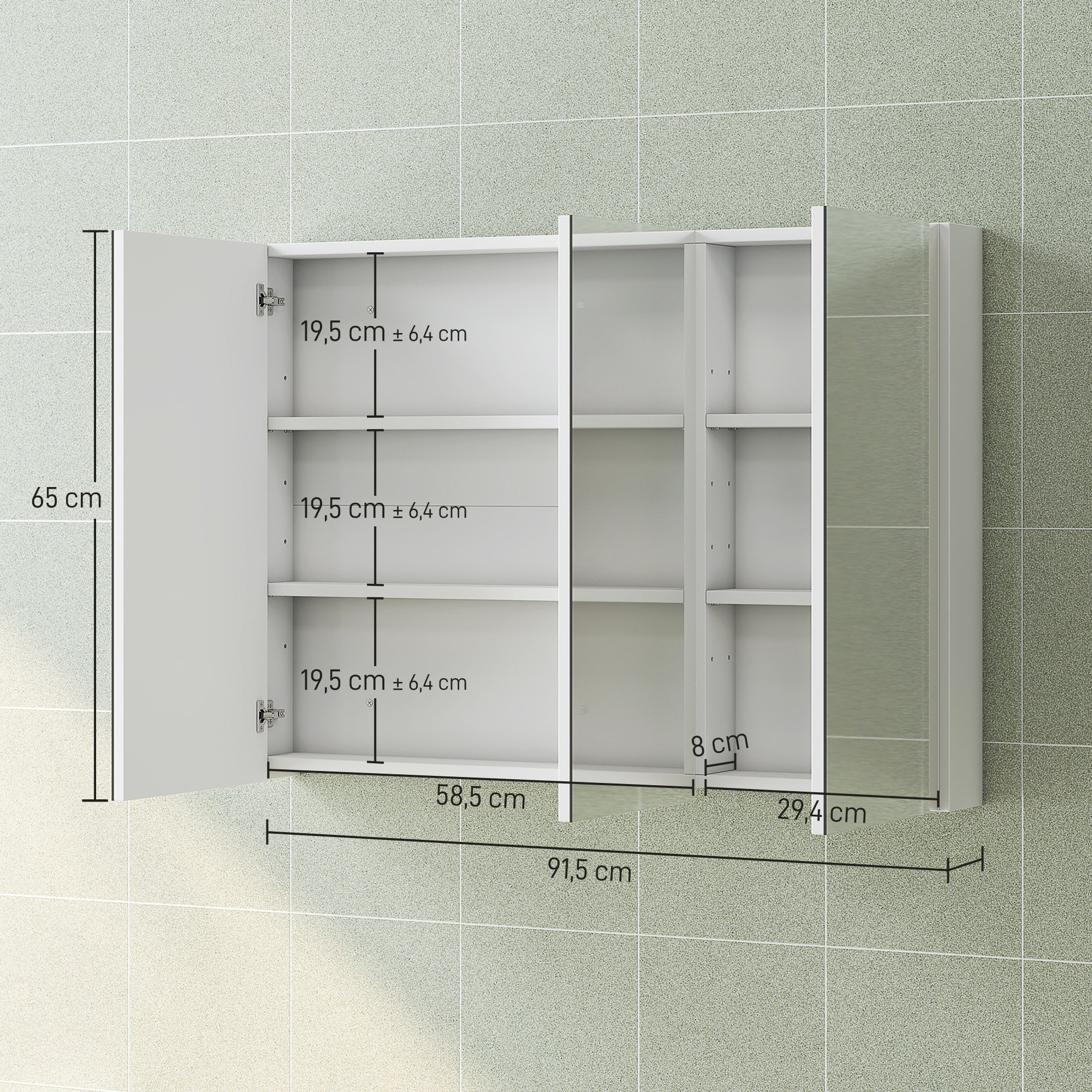 Armoire murale salle de bain avec miroir, 91,5 x 11,5 x 65 cm, meuble salle de bain, armoire de toilette avec 3 portes miroir et 4 étagères réglables, blanc - Image 4