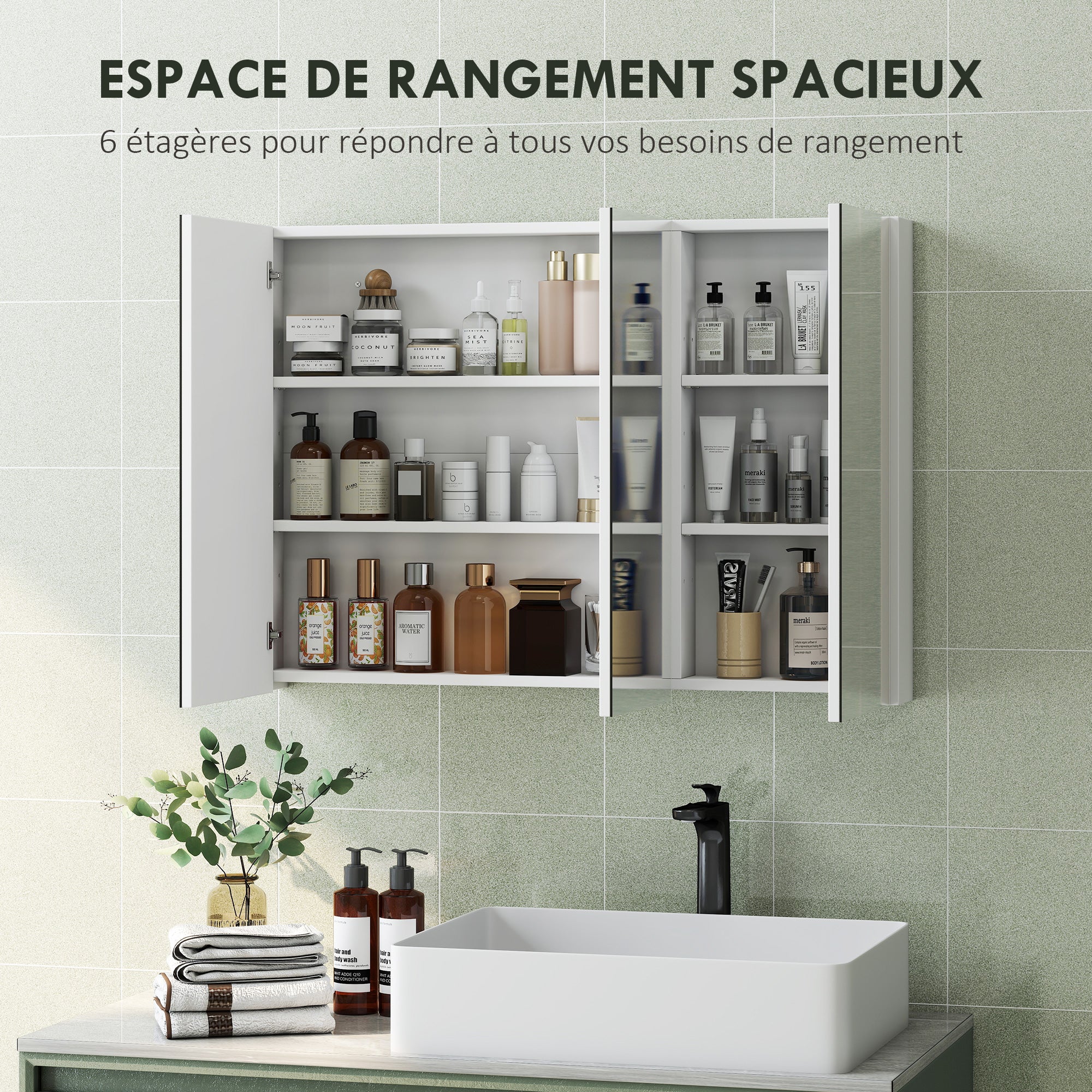 Armoire murale salle de bain avec miroir, 91,5 x 11,5 x 65 cm, meuble salle de bain, armoire de toilette avec 3 portes miroir et 4 étagères réglables, blanc - Image 5
