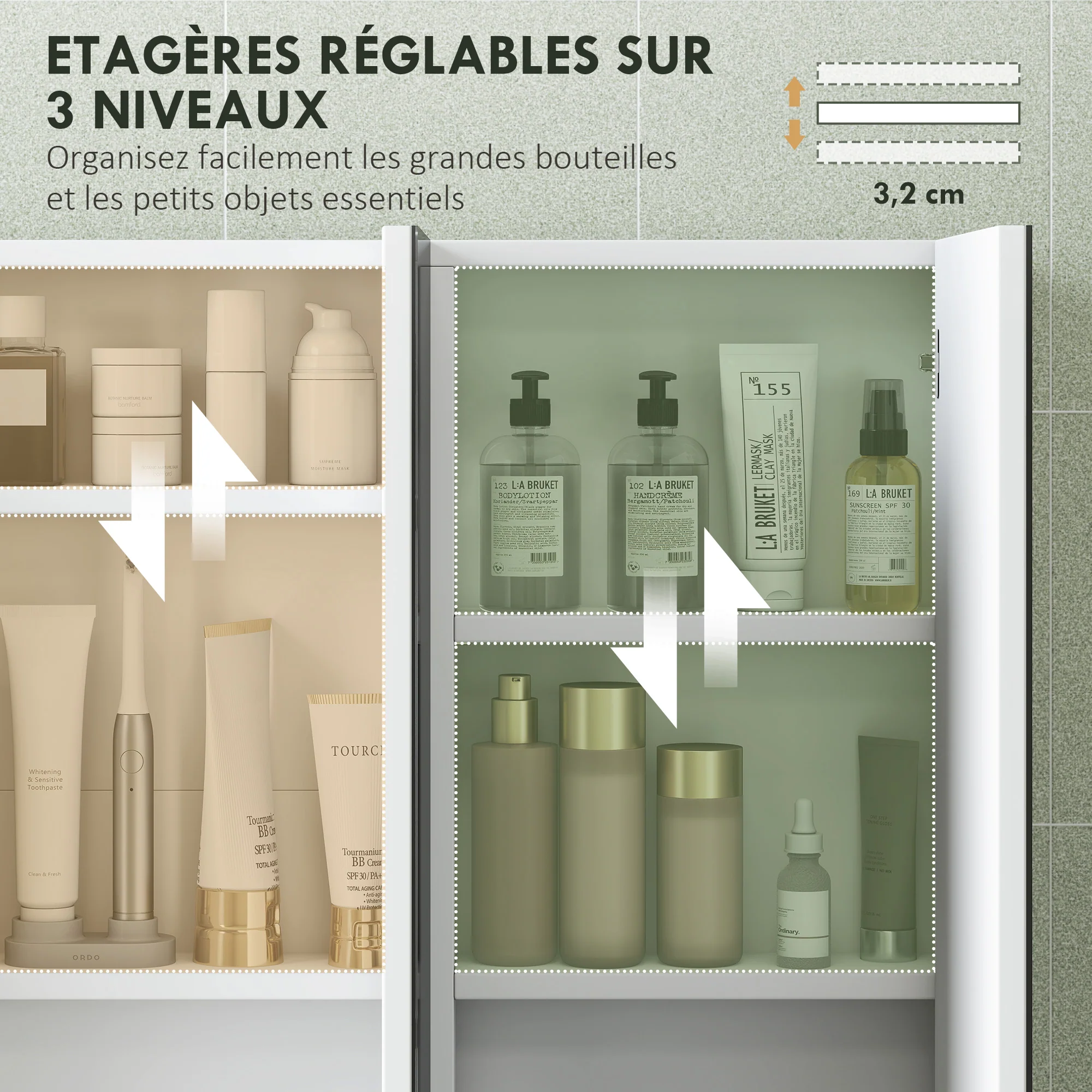 Armoire murale salle de bain avec miroir, 91,5 x 11,5 x 65 cm, meuble salle de bain, armoire de toilette avec 3 portes miroir et 4 étagères réglables, blanc - Image 6