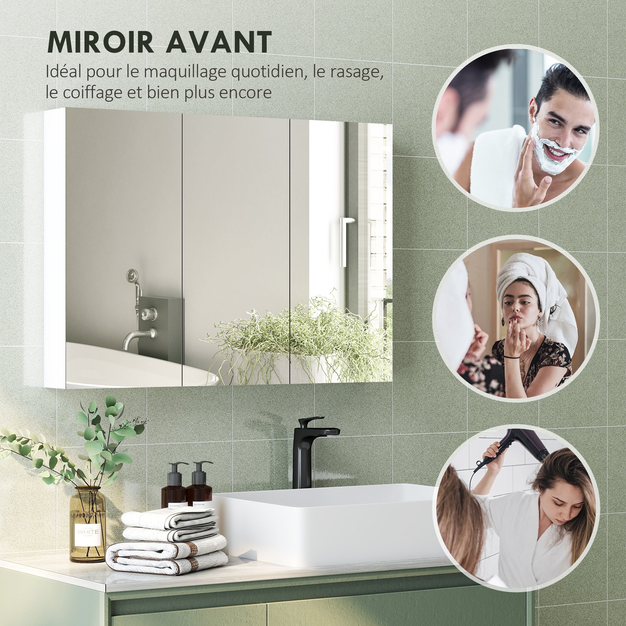 Armoire murale salle de bain avec miroir, 91,5 x 11,5 x 65 cm, meuble salle de bain, armoire de toilette avec 3 portes miroir et 4 étagères réglables, blanc - Image 7