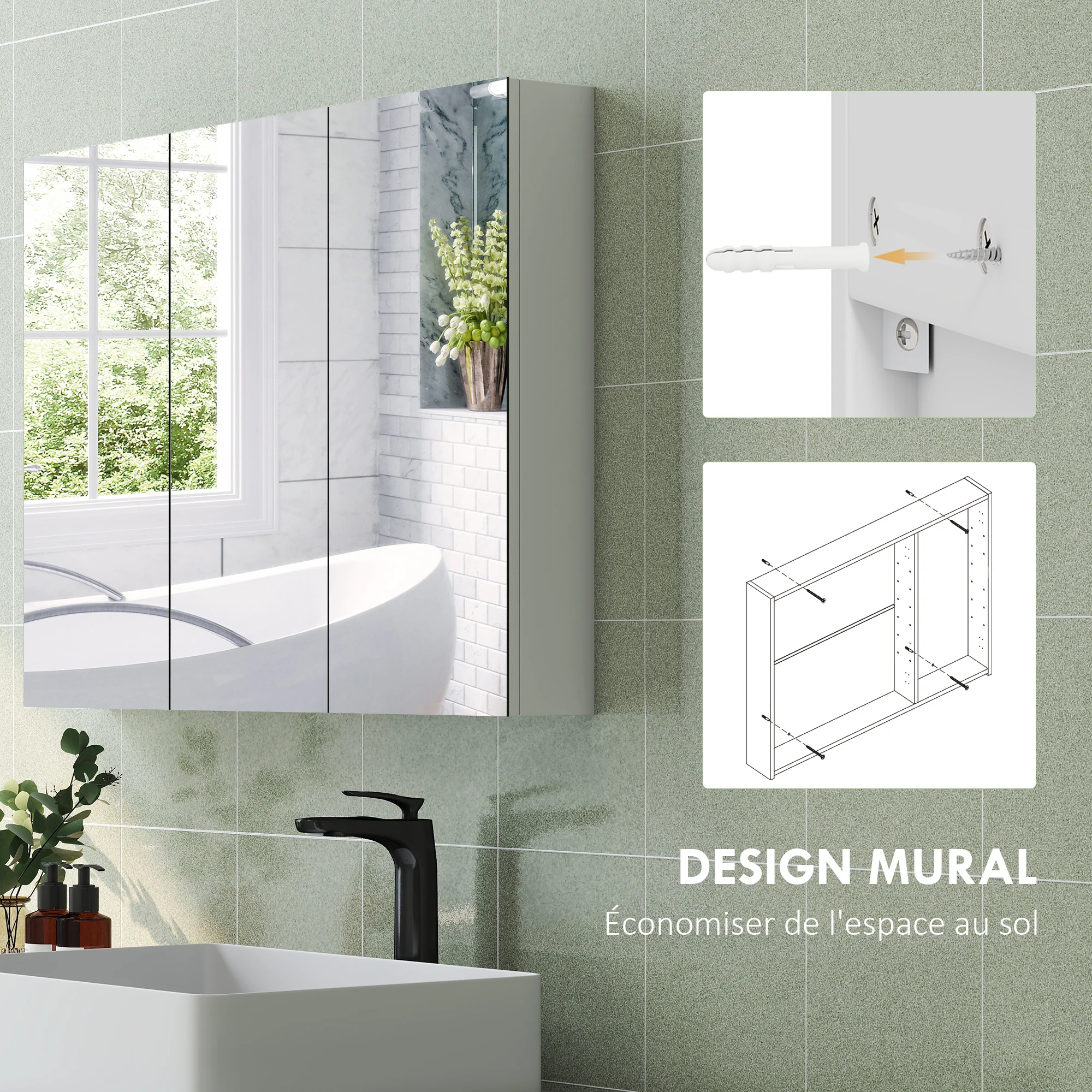 Armoire murale salle de bain avec miroir, 91,5 x 11,5 x 65 cm, meuble salle de bain, armoire de toilette avec 3 portes miroir et 4 étagères réglables, blanc - Image 8