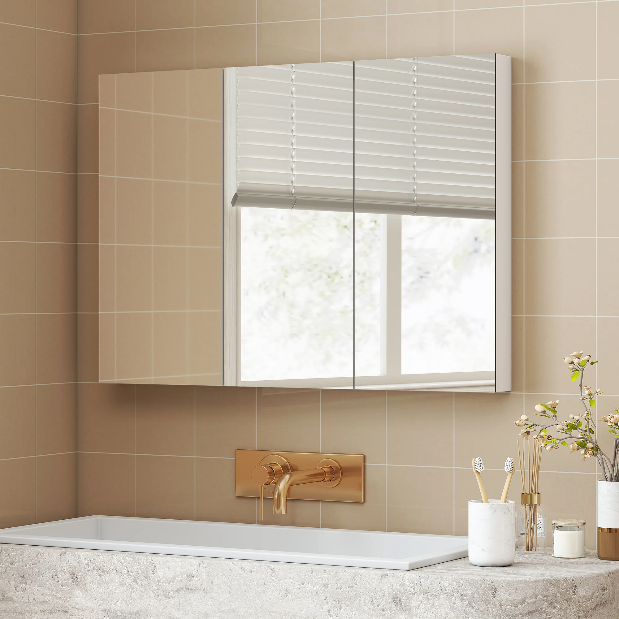 Armoire murale salle de bain avec miroir, 91,5 x 11,5 x 65 cm, meuble salle de bain, armoire de toilette avec 3 portes miroir et 4 étagères réglables, blanc - Image 9
