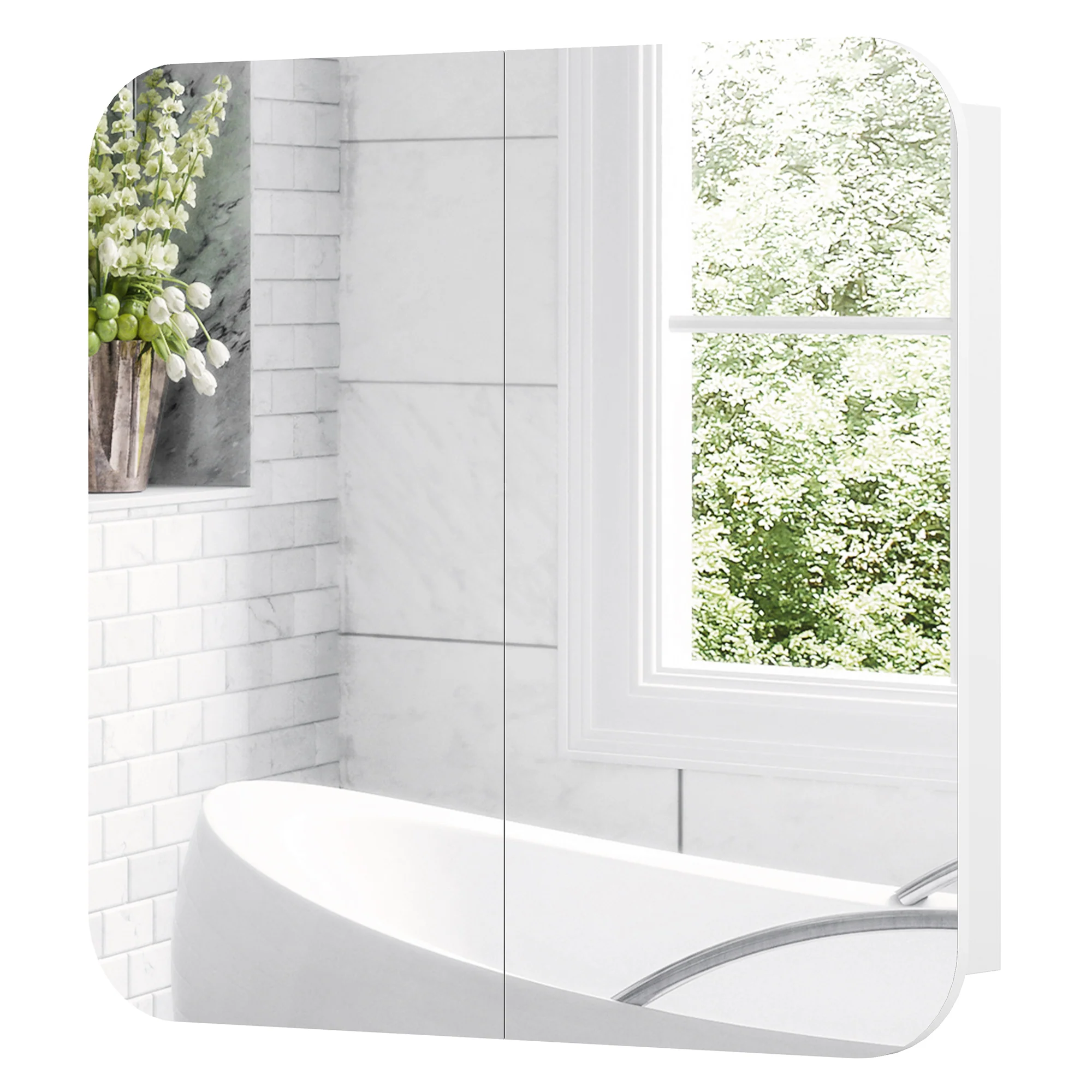 Armoire murale salle de bain avec miroir arqué 68 x 13 x 66 cm meuble salle de bain, armoire de toilette avec étagère réglable et 2 portes pour cuisine, buanderie, blanc