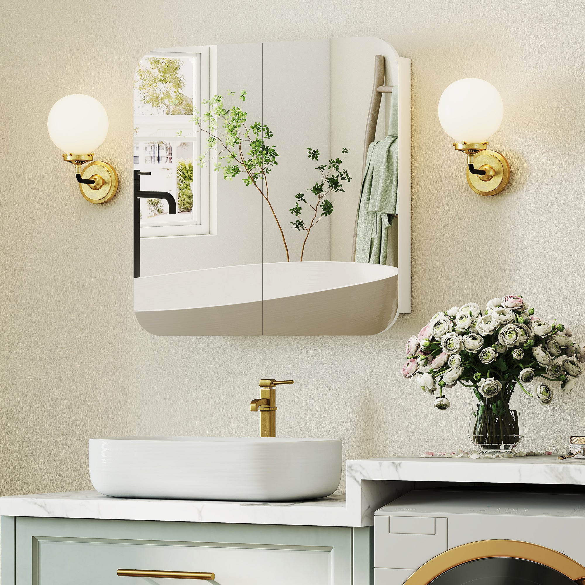 Armoire murale salle de bain avec miroir arqué 68 x 13 x 66 cm meuble salle de bain, armoire de toilette avec étagère réglable et 2 portes pour cuisine, buanderie, blanc - Image 10