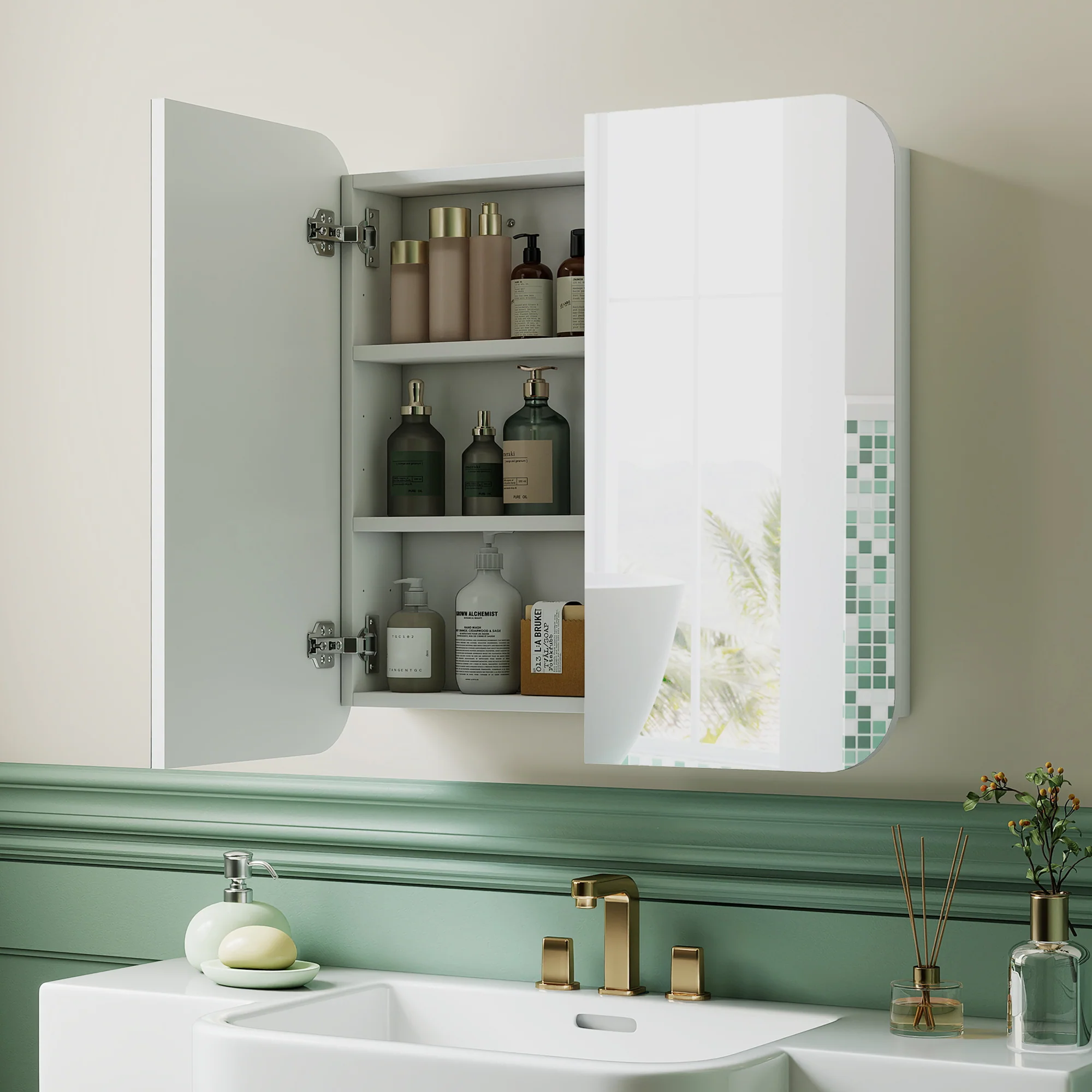 Armoire murale salle de bain avec miroir arqué 68 x 13 x 66 cm meuble salle de bain, armoire de toilette avec étagère réglable et 2 portes pour cuisine, buanderie, blanc - Image 3