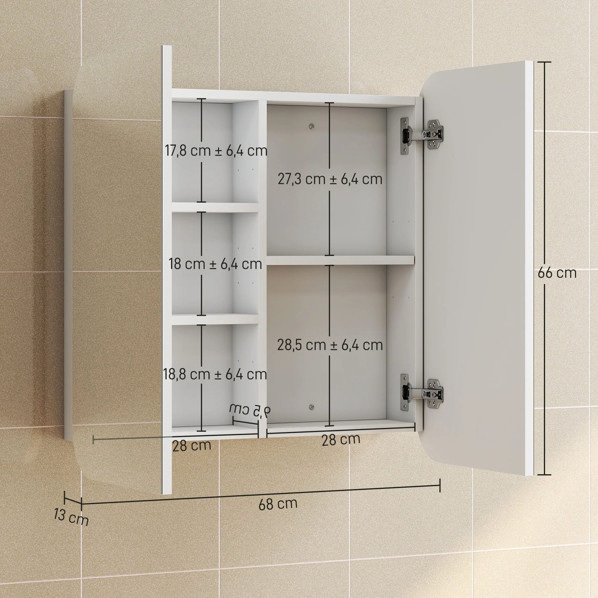Armoire murale salle de bain avec miroir arqué 68 x 13 x 66 cm meuble salle de bain, armoire de toilette avec étagère réglable et 2 portes pour cuisine, buanderie, blanc - Image 4