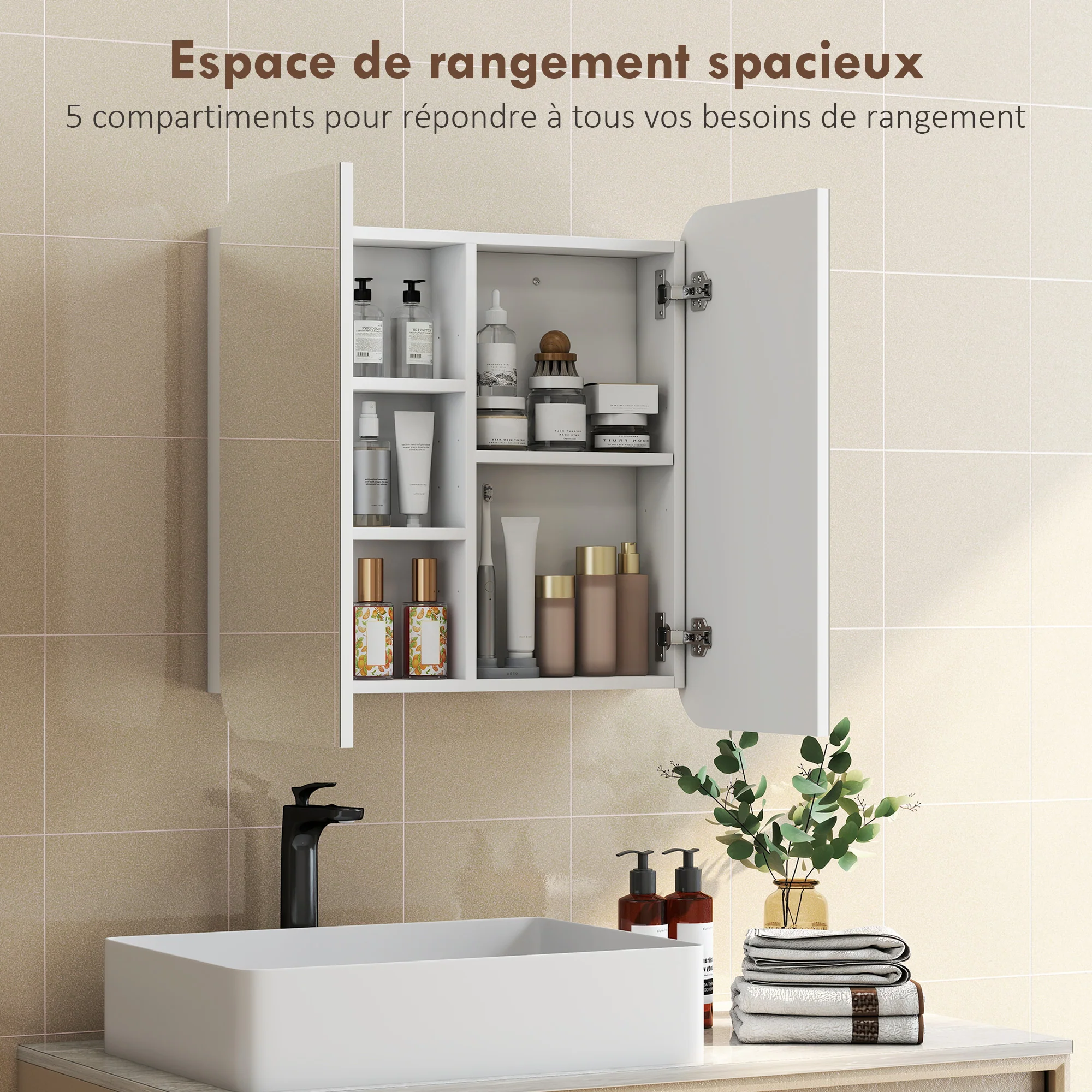 Armoire murale salle de bain avec miroir arqué 68 x 13 x 66 cm meuble salle de bain, armoire de toilette avec étagère réglable et 2 portes pour cuisine, buanderie, blanc - Image 6