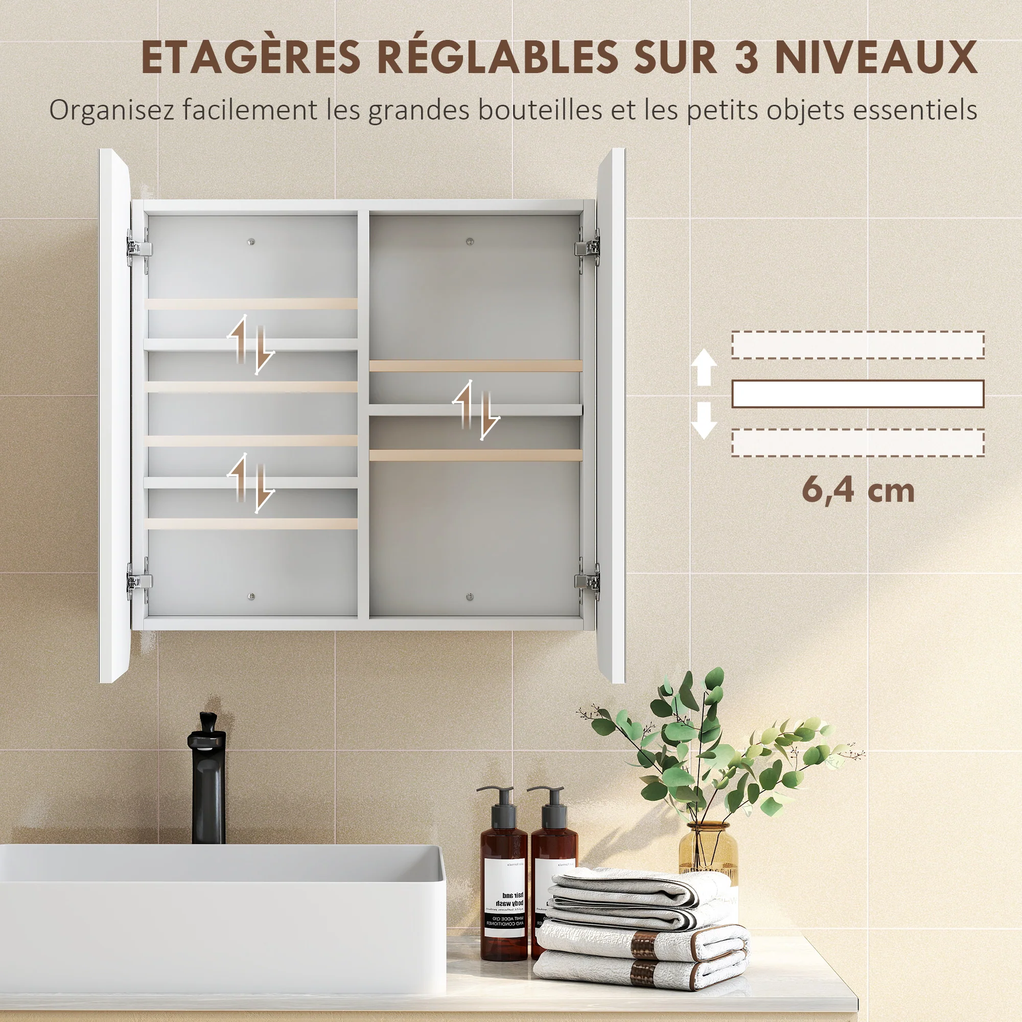 Armoire murale salle de bain avec miroir arqué 68 x 13 x 66 cm meuble salle de bain, armoire de toilette avec étagère réglable et 2 portes pour cuisine, buanderie, blanc - Image 7
