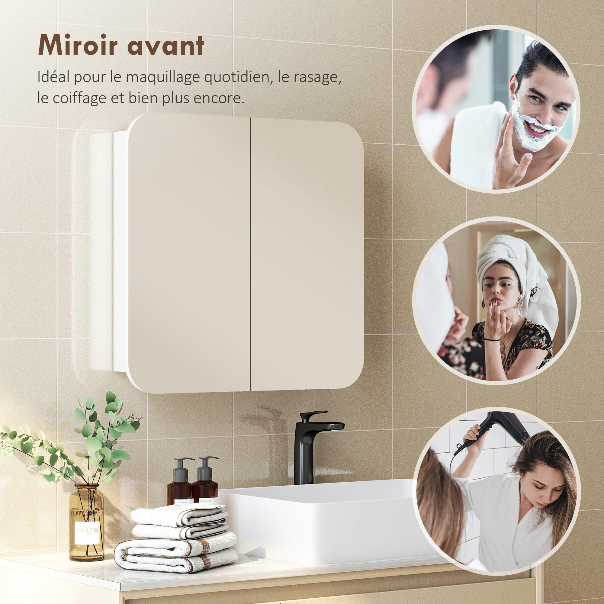 Armoire murale salle de bain avec miroir arqué 68 x 13 x 66 cm meuble salle de bain, armoire de toilette avec étagère réglable et 2 portes pour cuisine, buanderie, blanc - Image 8