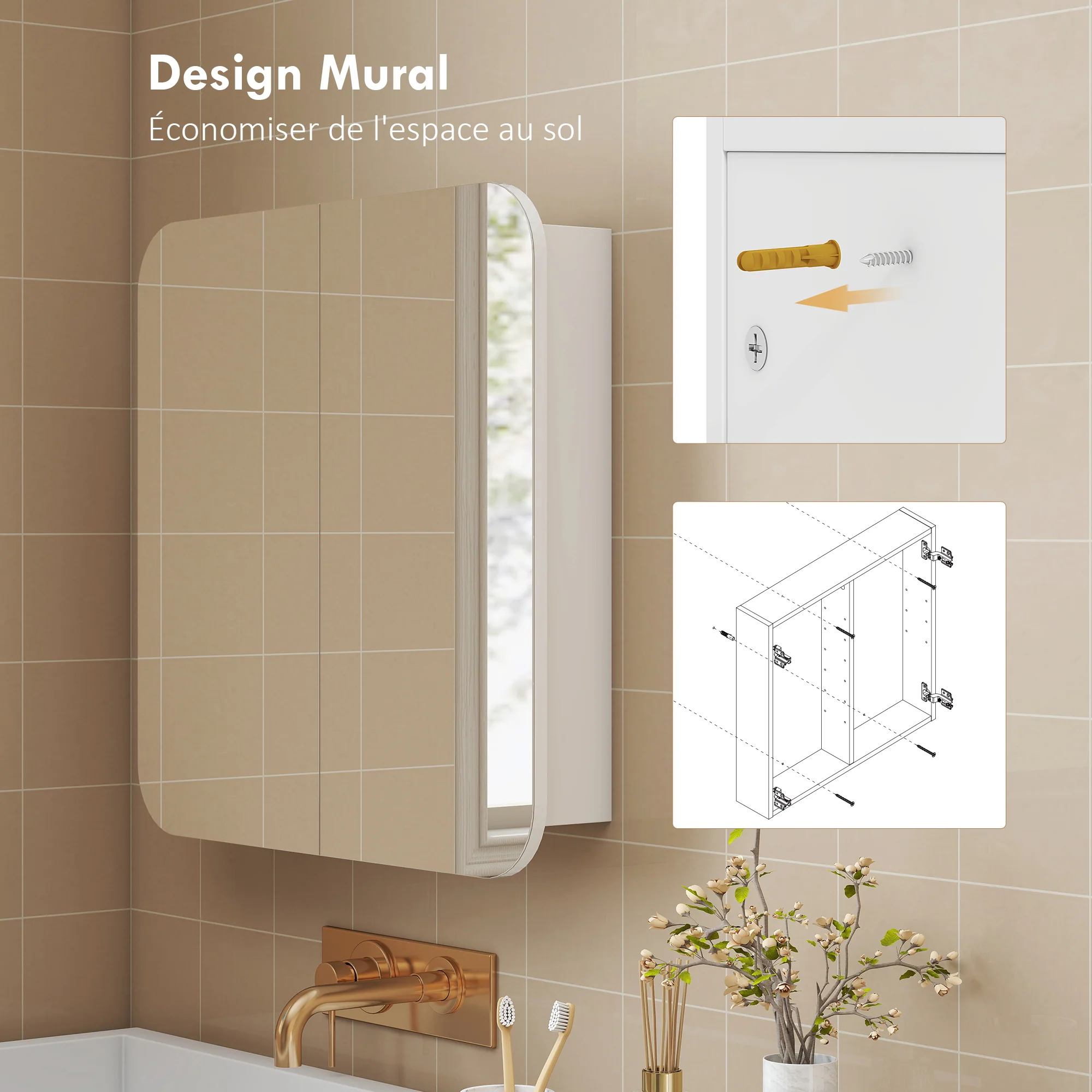 Armoire murale salle de bain avec miroir arqué 68 x 13 x 66 cm meuble salle de bain, armoire de toilette avec étagère réglable et 2 portes pour cuisine, buanderie, blanc - Image 9