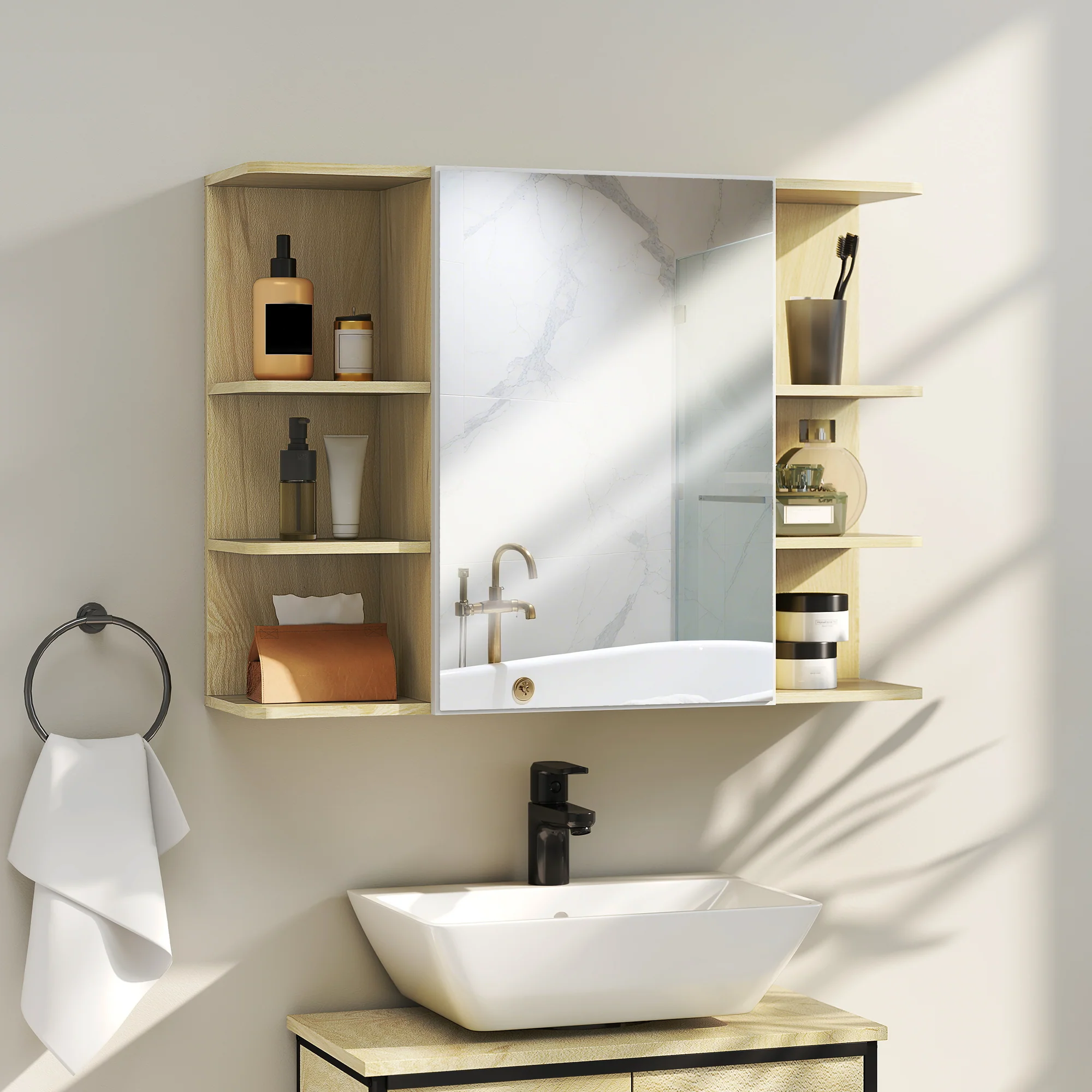 Armoire murale salle de bain avec miroir, meuble salle de bain, armoire de toilette avec étagères ouvertes, miroir avec rangement, 80 x 20 x 59 cm, effet bois naturel - Image 3