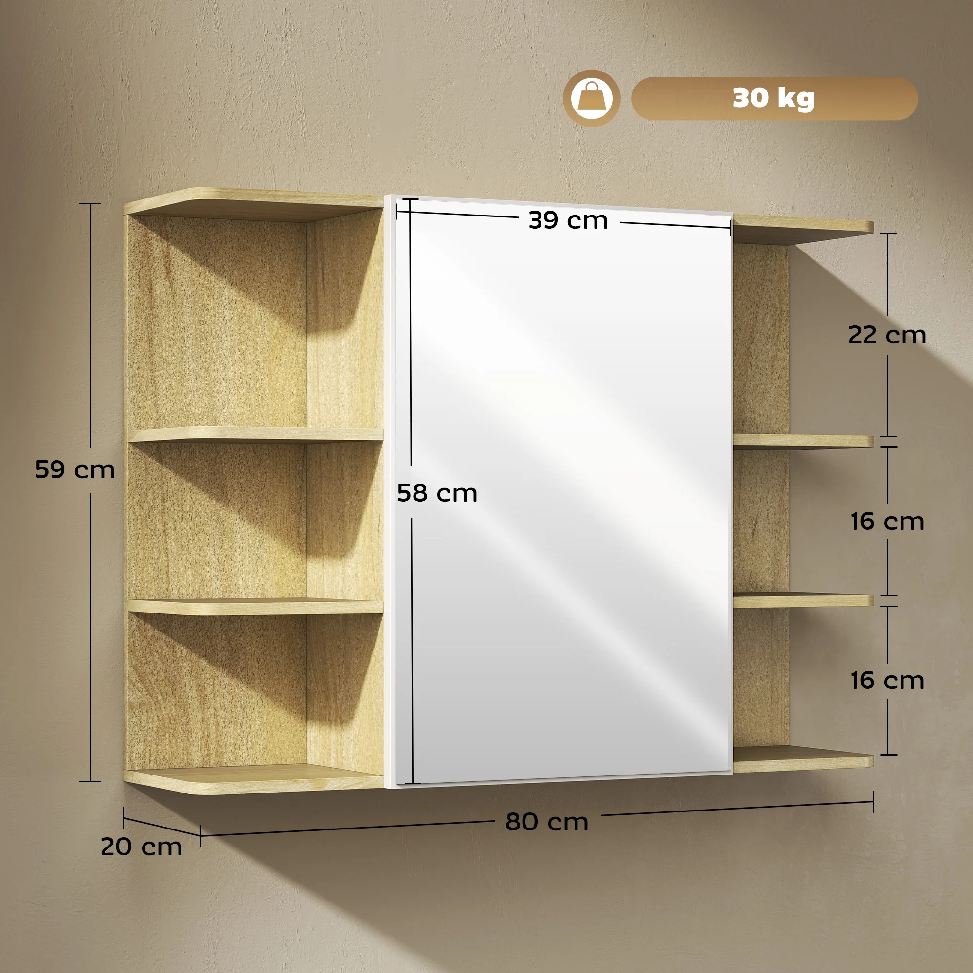 Armoire murale salle de bain avec miroir, meuble salle de bain, armoire de toilette avec étagères ouvertes, miroir avec rangement, 80 x 20 x 59 cm, effet bois naturel - Image 4