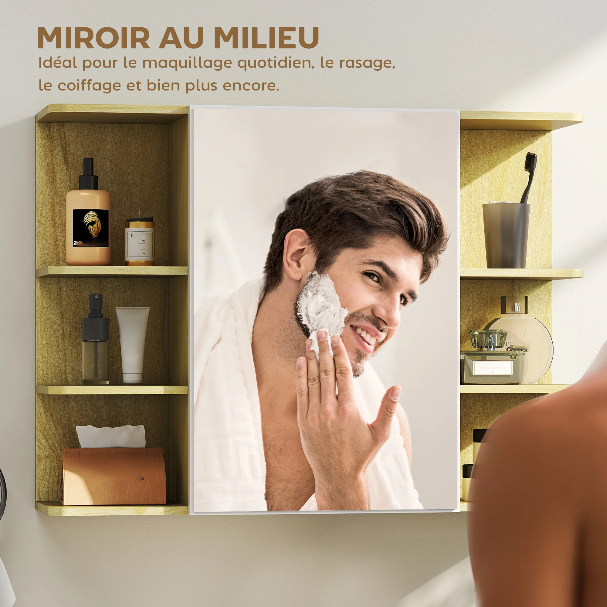 Armoire murale salle de bain avec miroir, meuble salle de bain, armoire de toilette avec étagères ouvertes, miroir avec rangement, 80 x 20 x 59 cm, effet bois naturel - Image 5