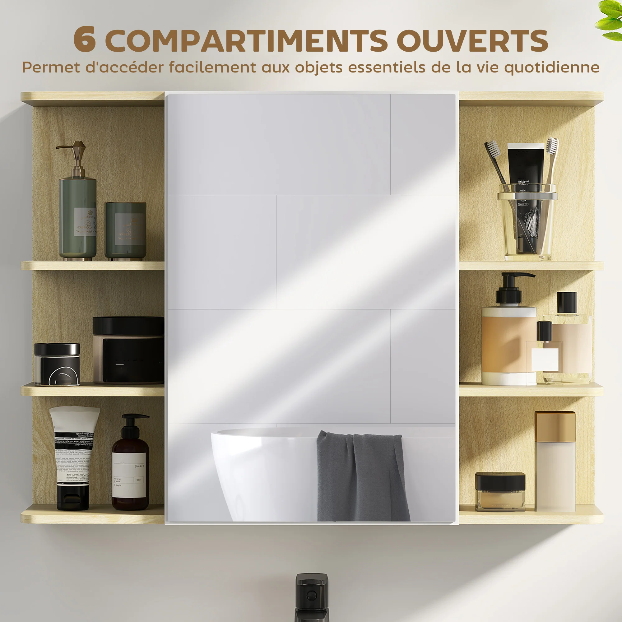 Armoire murale salle de bain avec miroir, meuble salle de bain, armoire de toilette avec étagères ouvertes, miroir avec rangement, 80 x 20 x 59 cm, effet bois naturel - Image 6