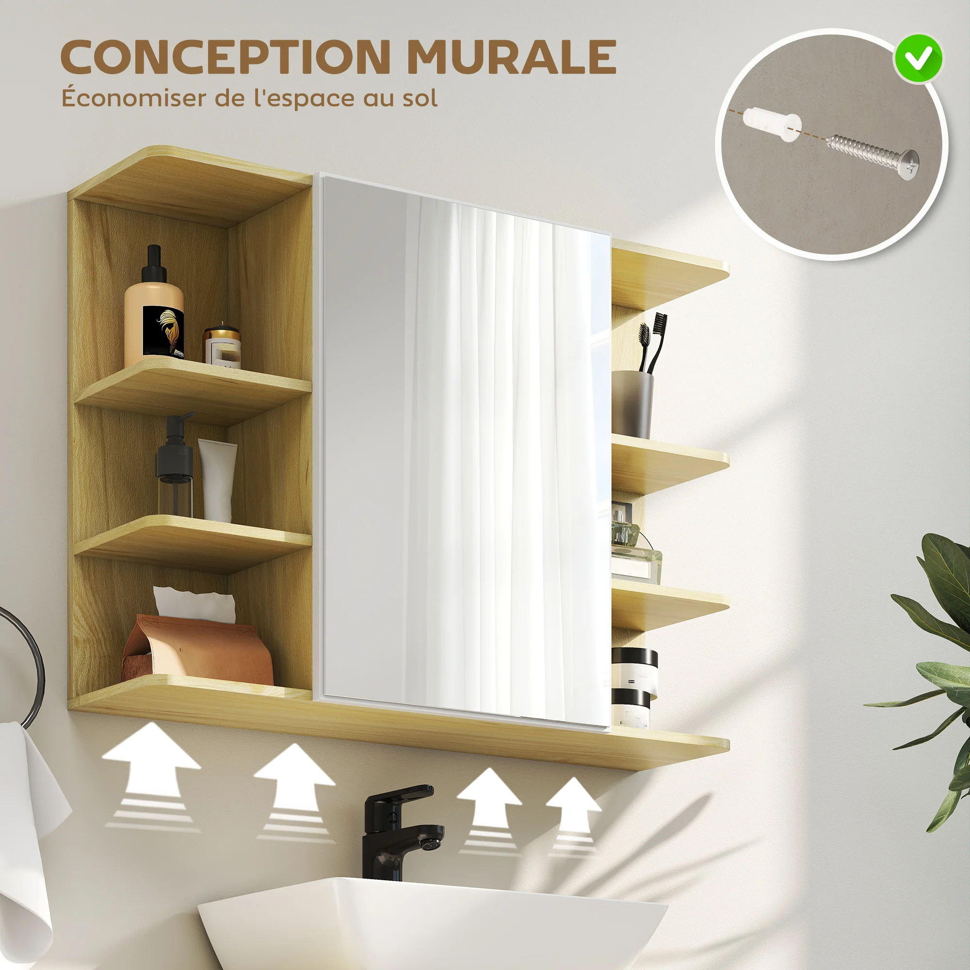 Armoire murale salle de bain avec miroir, meuble salle de bain, armoire de toilette avec étagères ouvertes, miroir avec rangement, 80 x 20 x 59 cm, effet bois naturel - Image 7