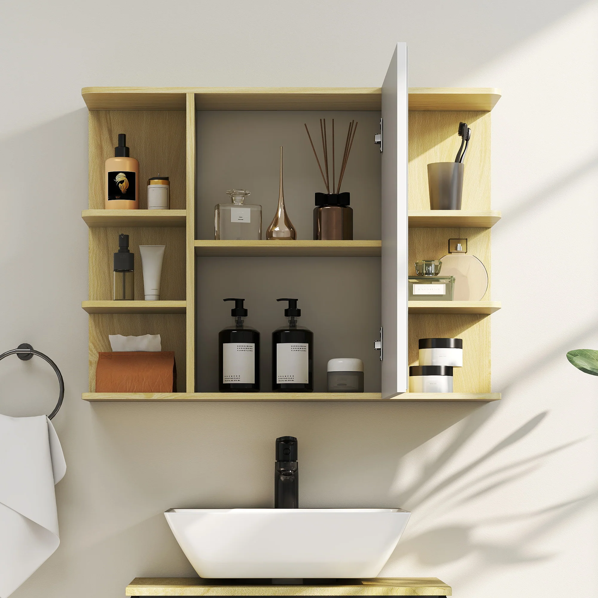Armoire murale salle de bain avec miroir, meuble salle de bain, armoire de toilette avec étagères ouvertes, miroir avec rangement, 80 x 20 x 59 cm, effet bois naturel - Image 8