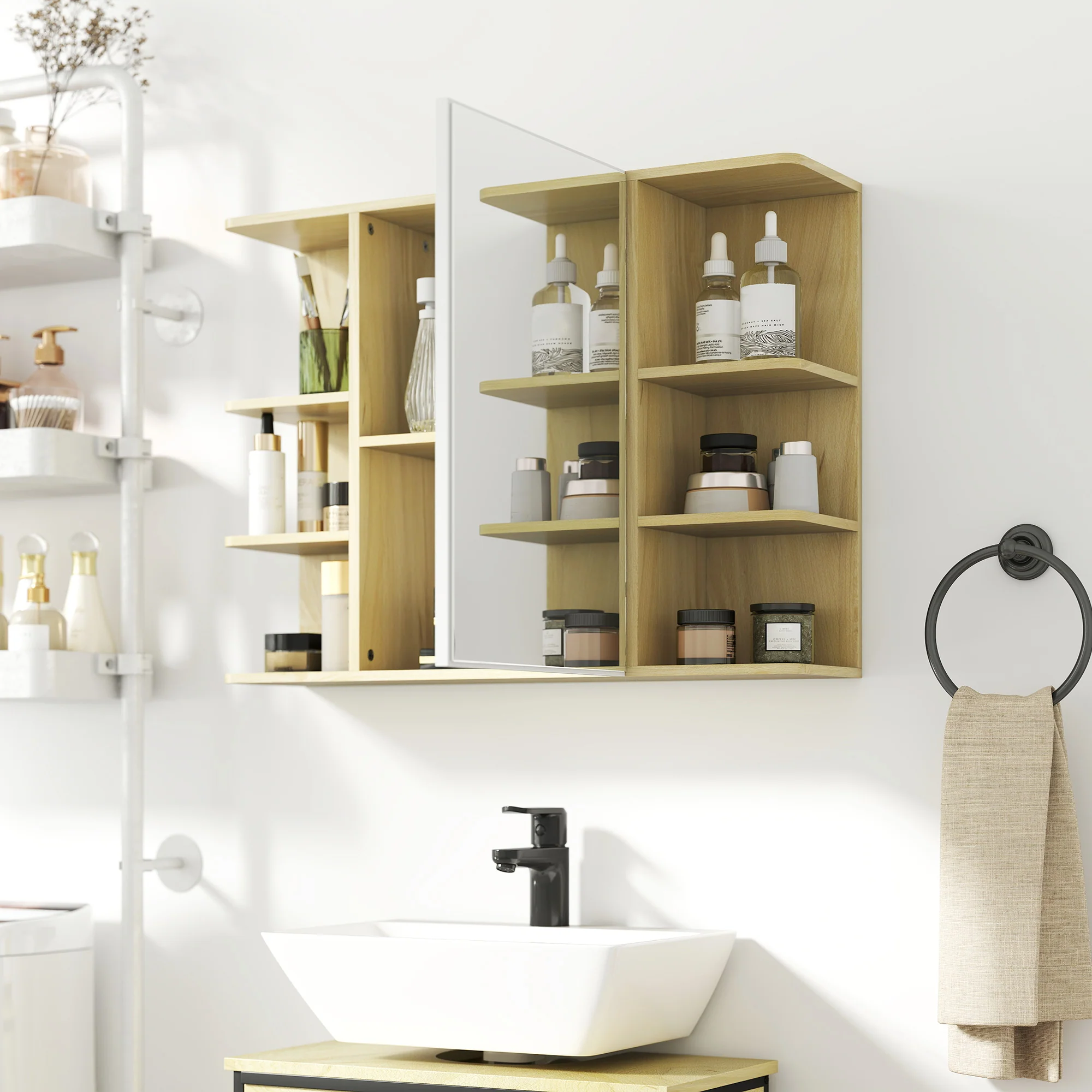 Armoire murale salle de bain avec miroir, meuble salle de bain, armoire de toilette avec étagères ouvertes, miroir avec rangement, 80 x 20 x 59 cm, effet bois naturel - Image 9