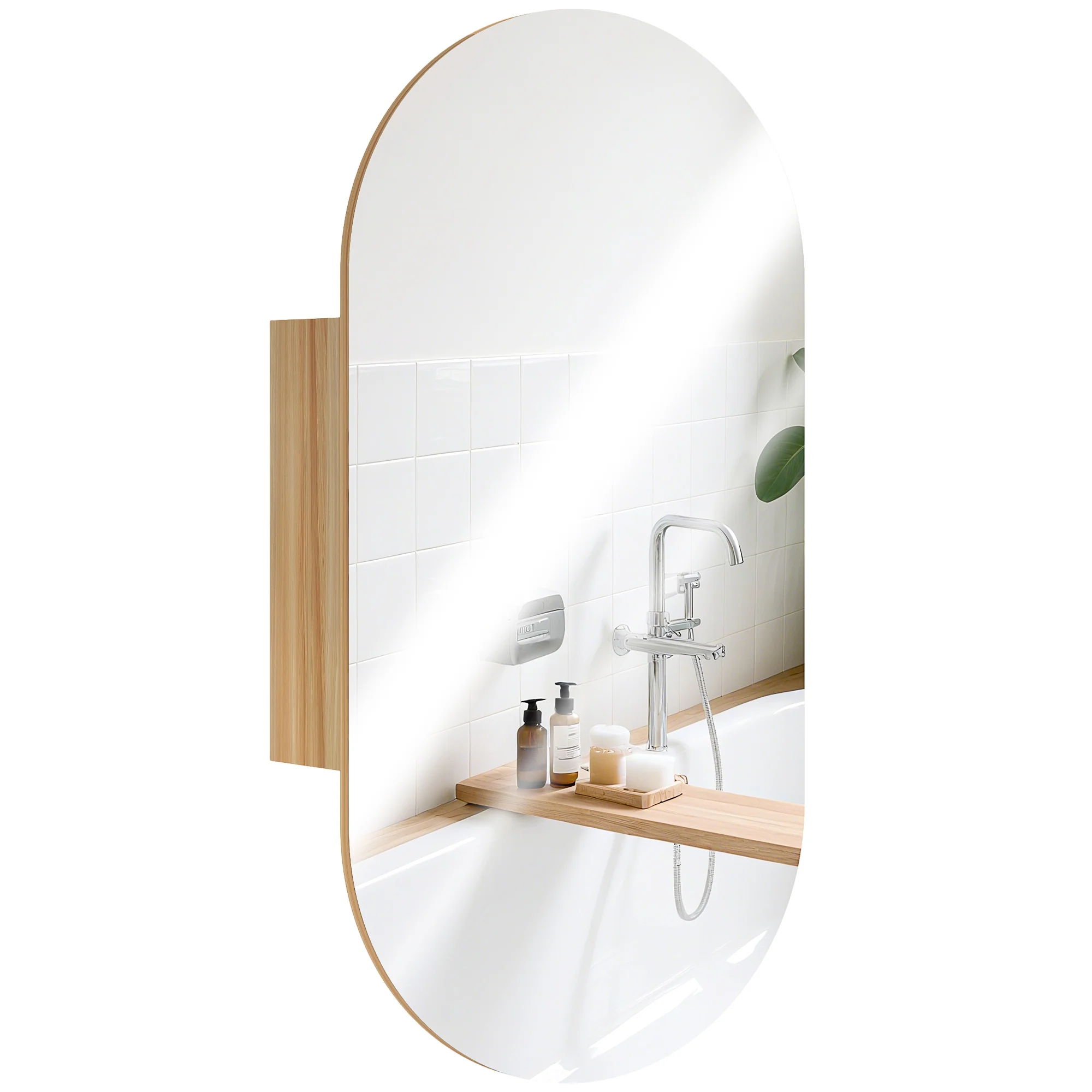 Armoire murale salle de bain avec miroir ovale, 45 x 90 cm, meuble salle de bain moderne, design sans cadre, miroir avec rangement, bois naturel - Image 11