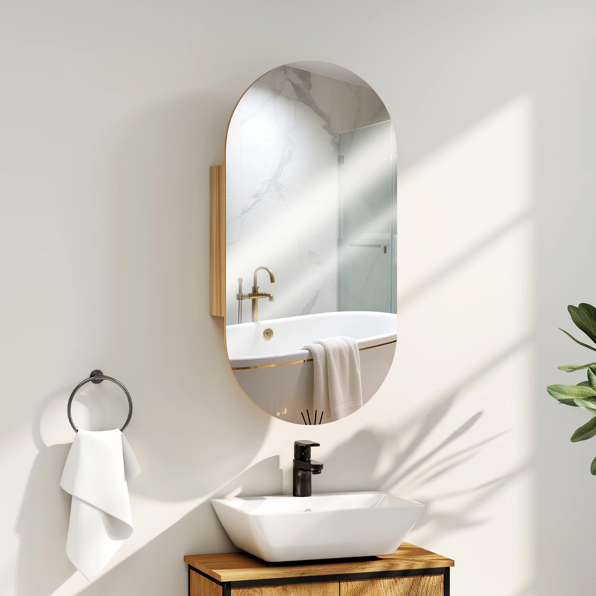 Armoire murale salle de bain avec miroir ovale, 45 x 90 cm, meuble salle de bain moderne, design sans cadre, miroir avec rangement, bois naturel - Image 3