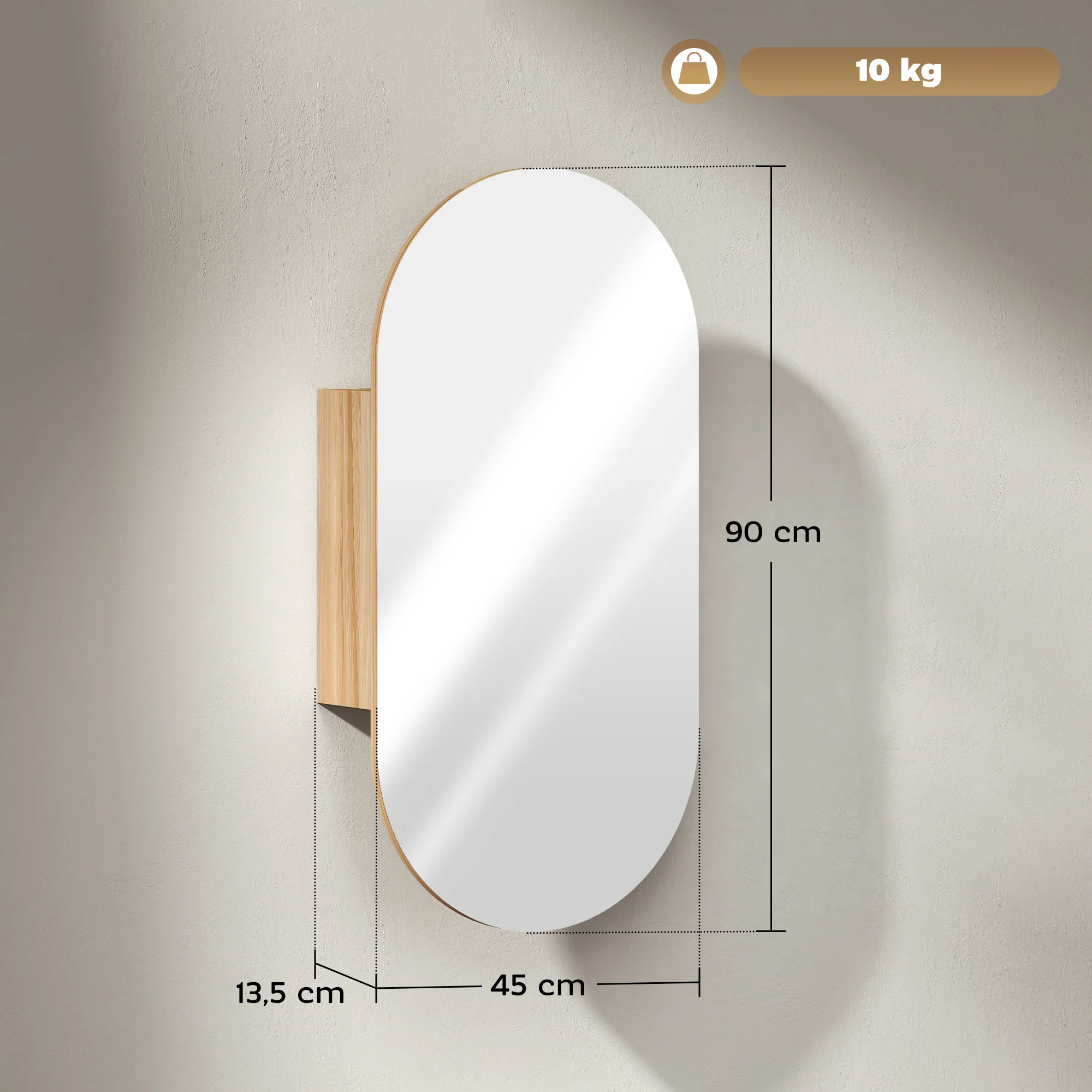 Armoire murale salle de bain avec miroir ovale, 45 x 90 cm, meuble salle de bain moderne, design sans cadre, miroir avec rangement, bois naturel - Image 4