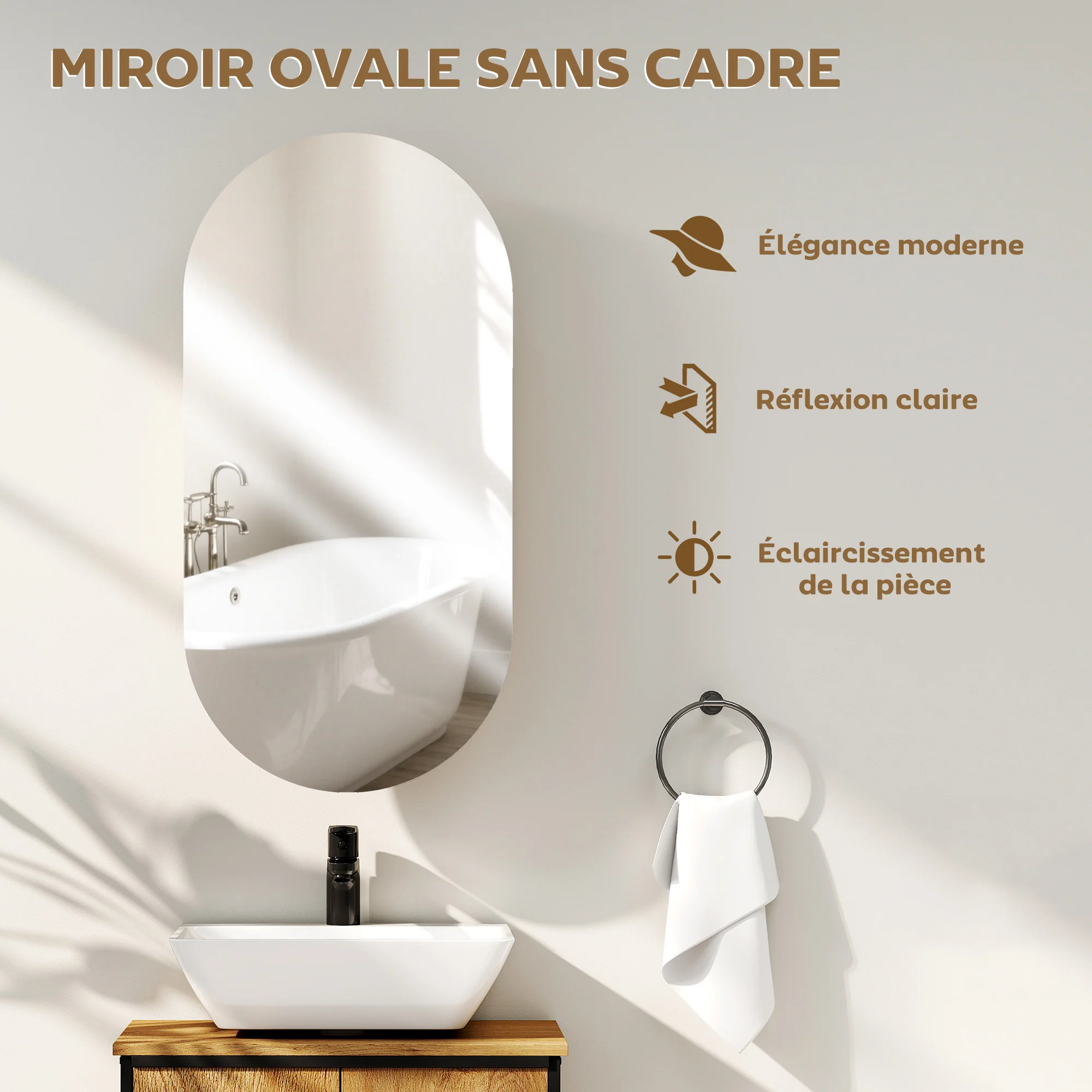 Armoire murale salle de bain avec miroir ovale, 45 x 90 cm, meuble salle de bain moderne, design sans cadre, miroir avec rangement, bois naturel - Image 5