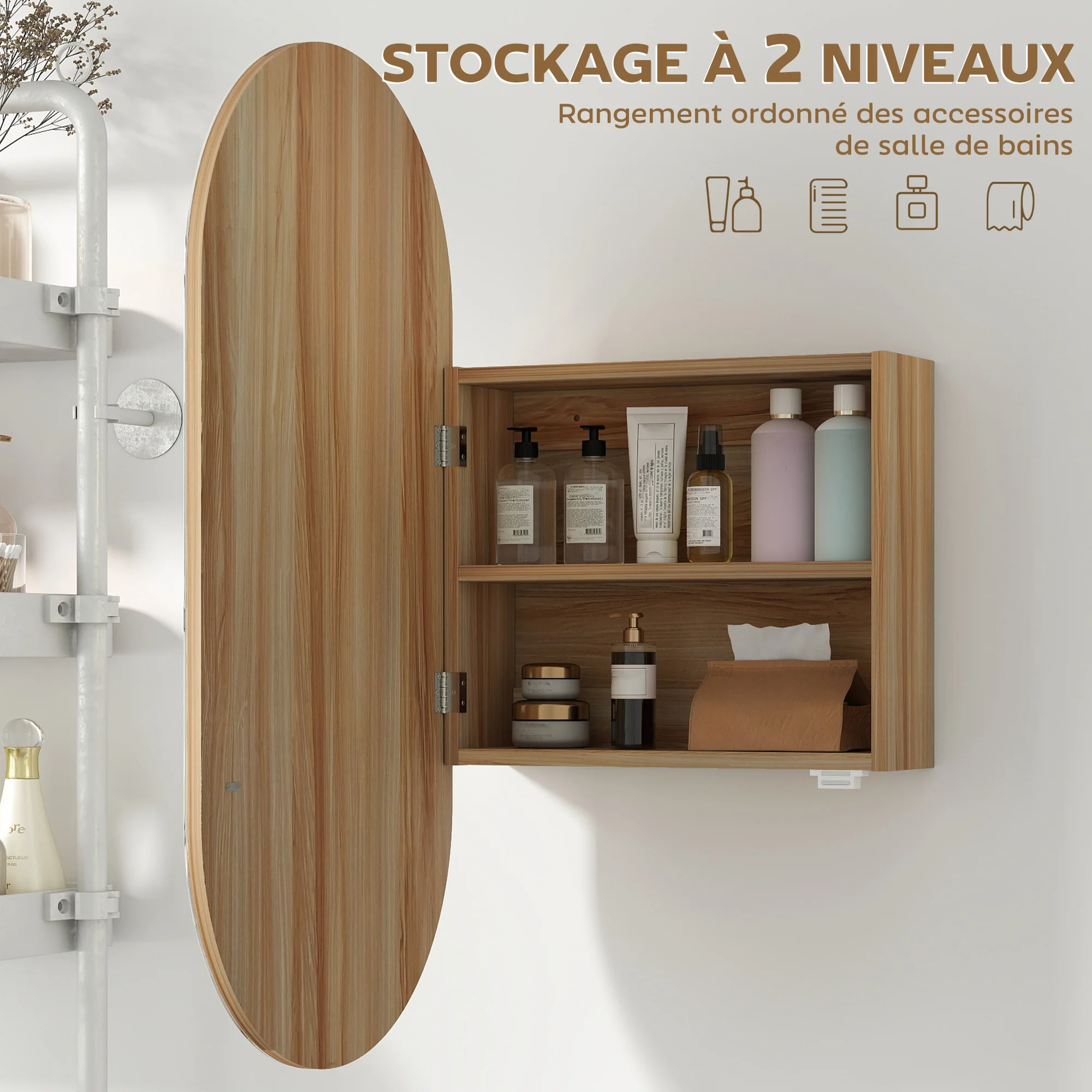 Armoire murale salle de bain avec miroir ovale, 45 x 90 cm, meuble salle de bain moderne, design sans cadre, miroir avec rangement, bois naturel - Image 6