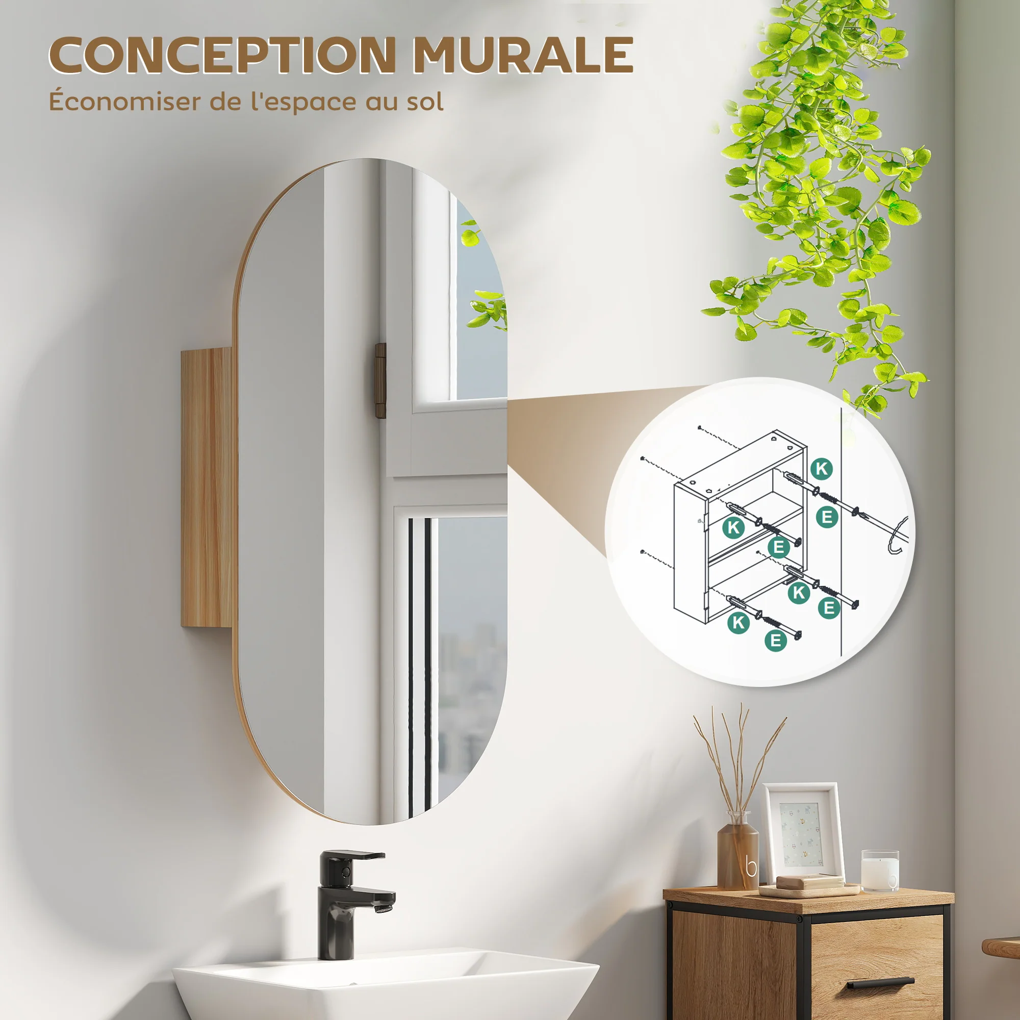 Armoire murale salle de bain avec miroir ovale, 45 x 90 cm, meuble salle de bain moderne, design sans cadre, miroir avec rangement, bois naturel - Image 7