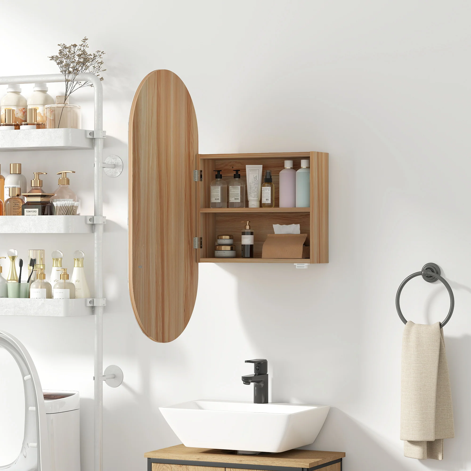 Armoire murale salle de bain avec miroir ovale, 45 x 90 cm, meuble salle de bain moderne, design sans cadre, miroir avec rangement, bois naturel - Image 8