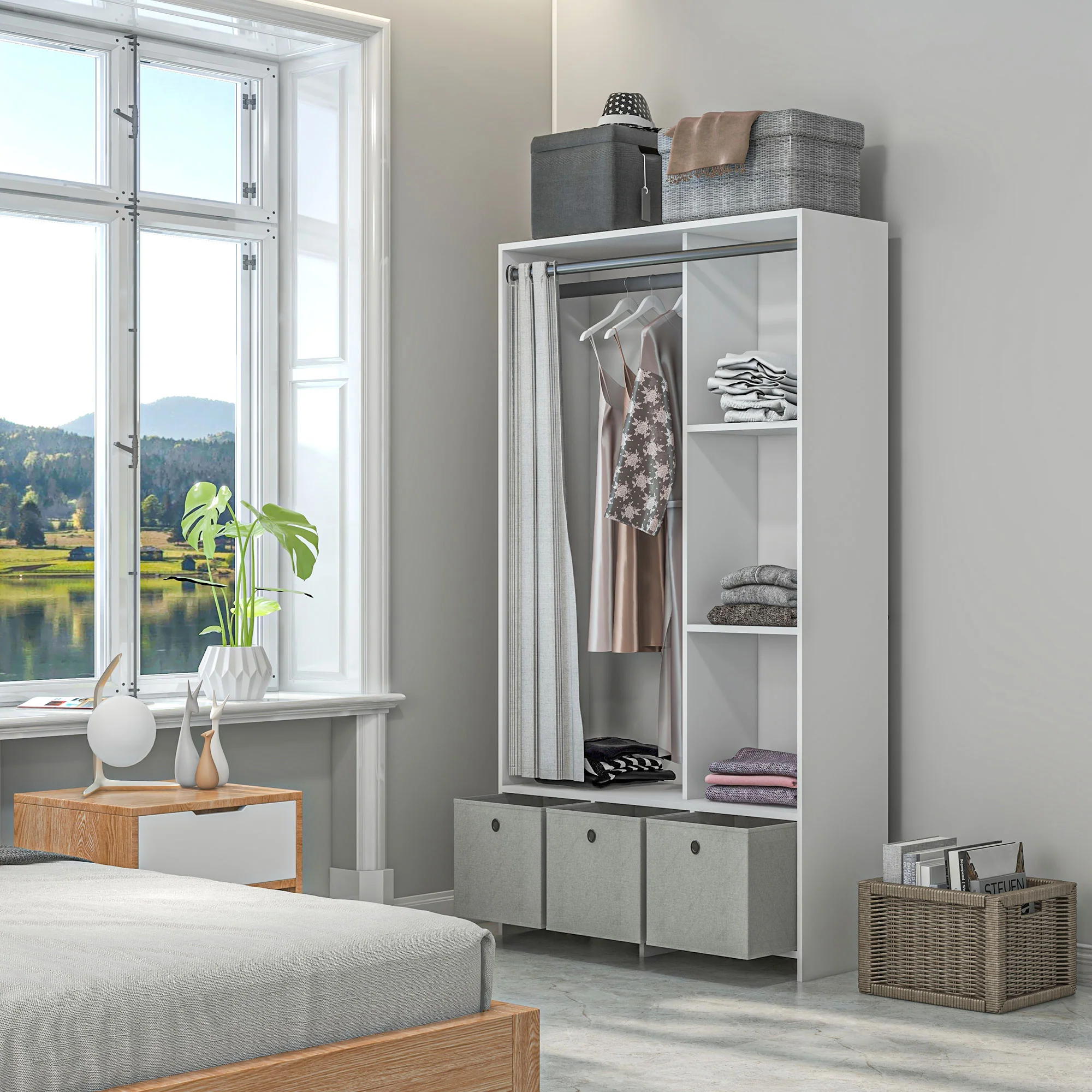 Armoire penderie, dressing avec rideau, armoire chambre vêtement, garde-robe avec tringle, 3 compartiments et 3 tiroirs en tissu amovibles - 105 x 48 x 160 cm, blanc - Image 3
