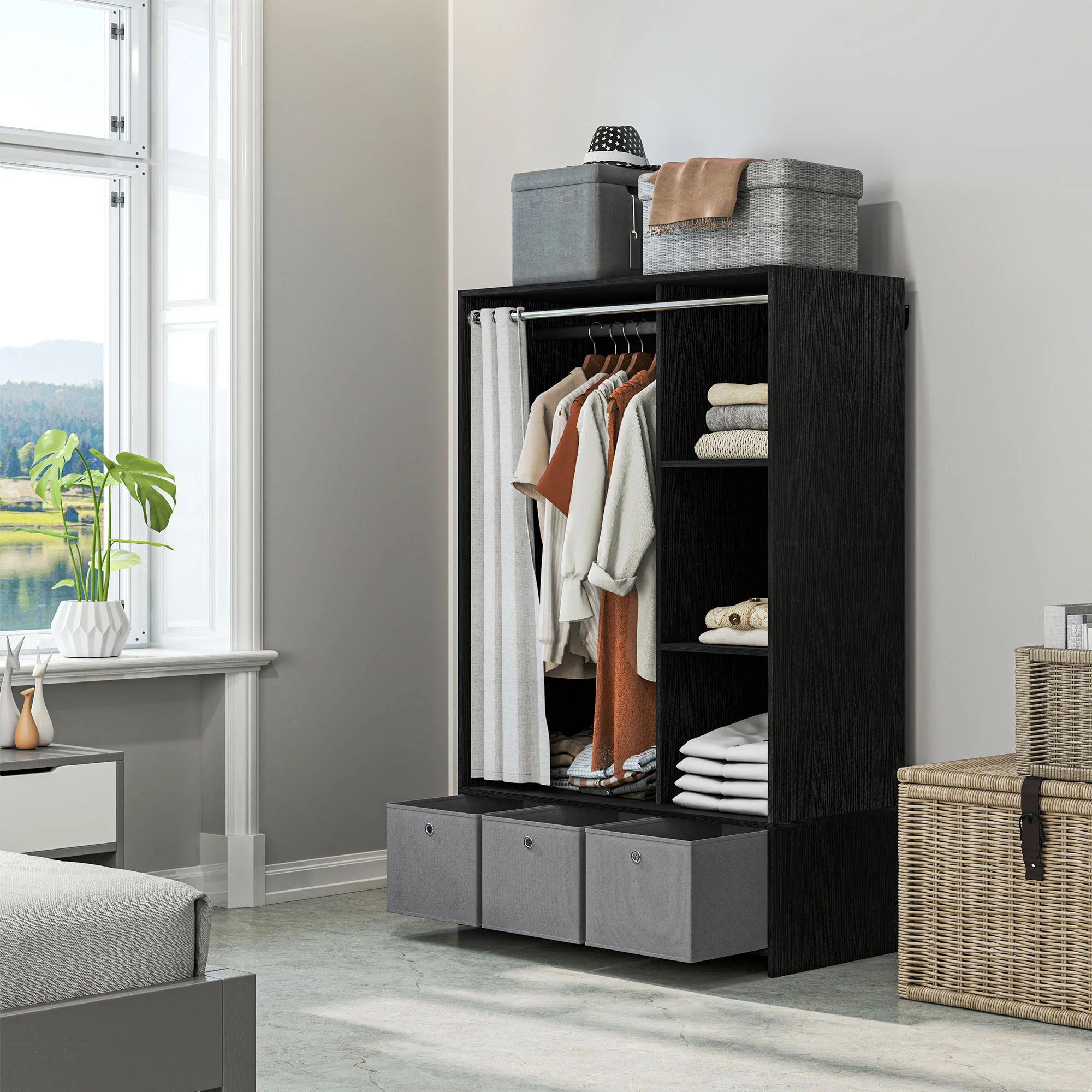 Armoire penderie, dressing avec rideau, armoire chambre vêtement, garde-robe avec tringle, 3 compartiments et 3 tiroirs en tissu amovibles - 105 x 48 x 160 cm, noir - Image 3
